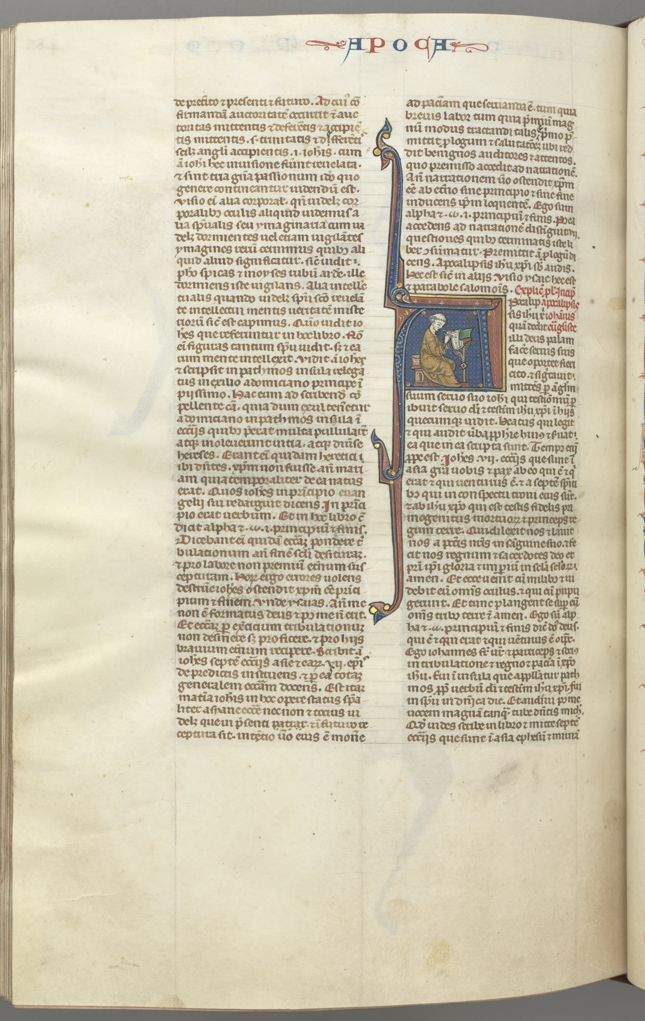 Fol. 482v, Revelations, historiated initial A, John seated at a desk writing to the Seven Churches of Asia