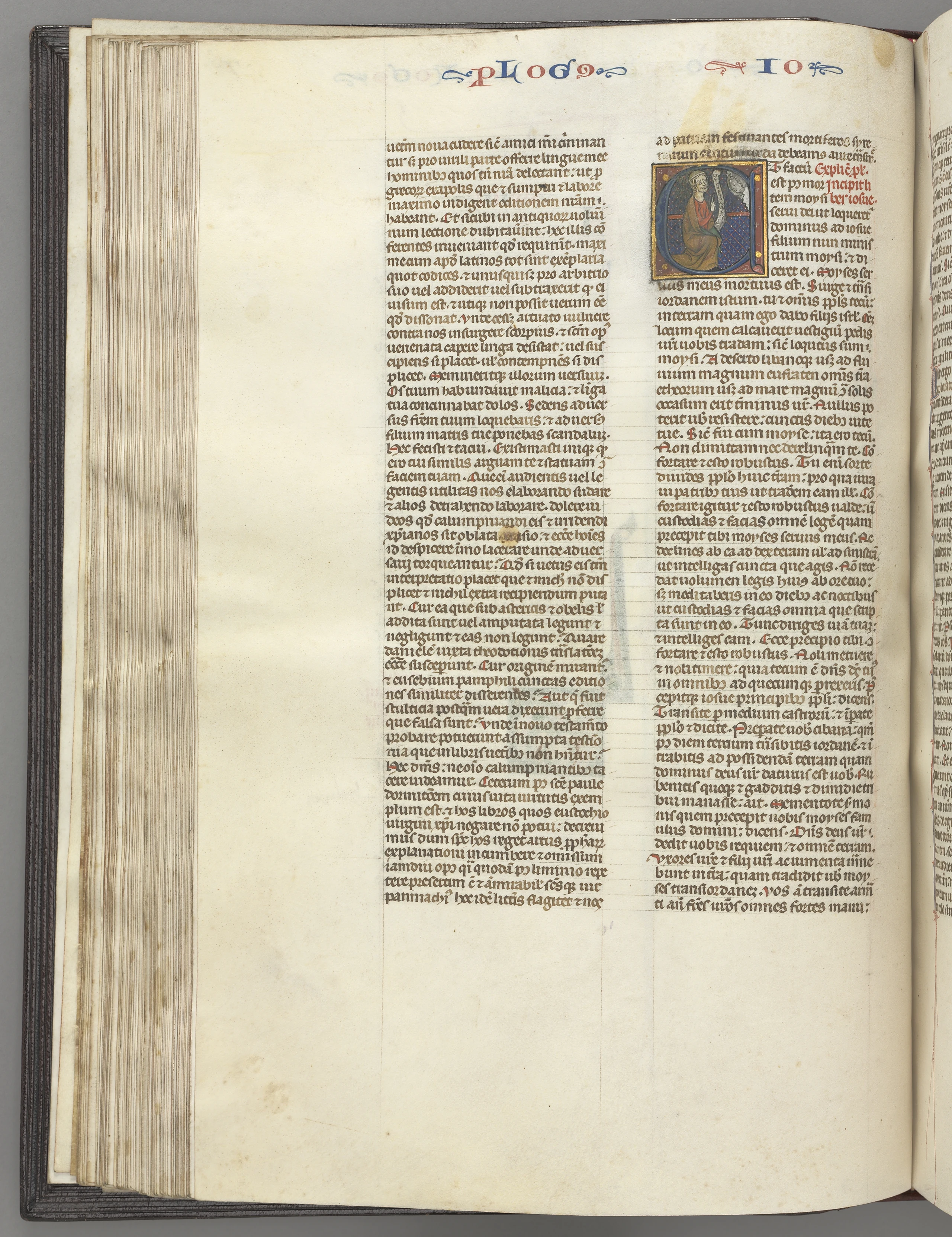 Fol. 76v, Joshua, historiated initial E, Joshua with a scroll kneeling before God