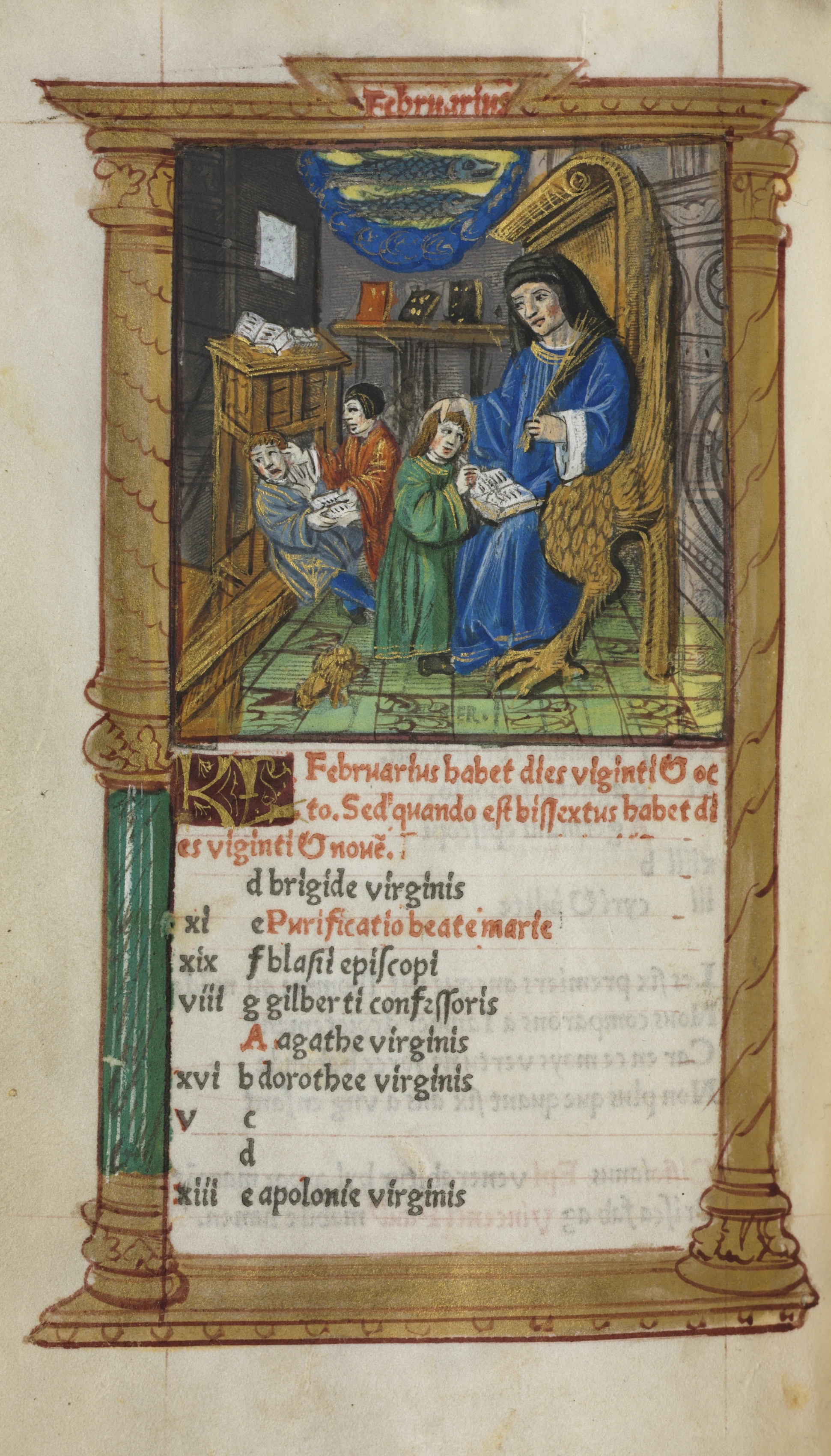 Printed Book of Hours (Use of Rome): fol. 3v, February calendar illustration
