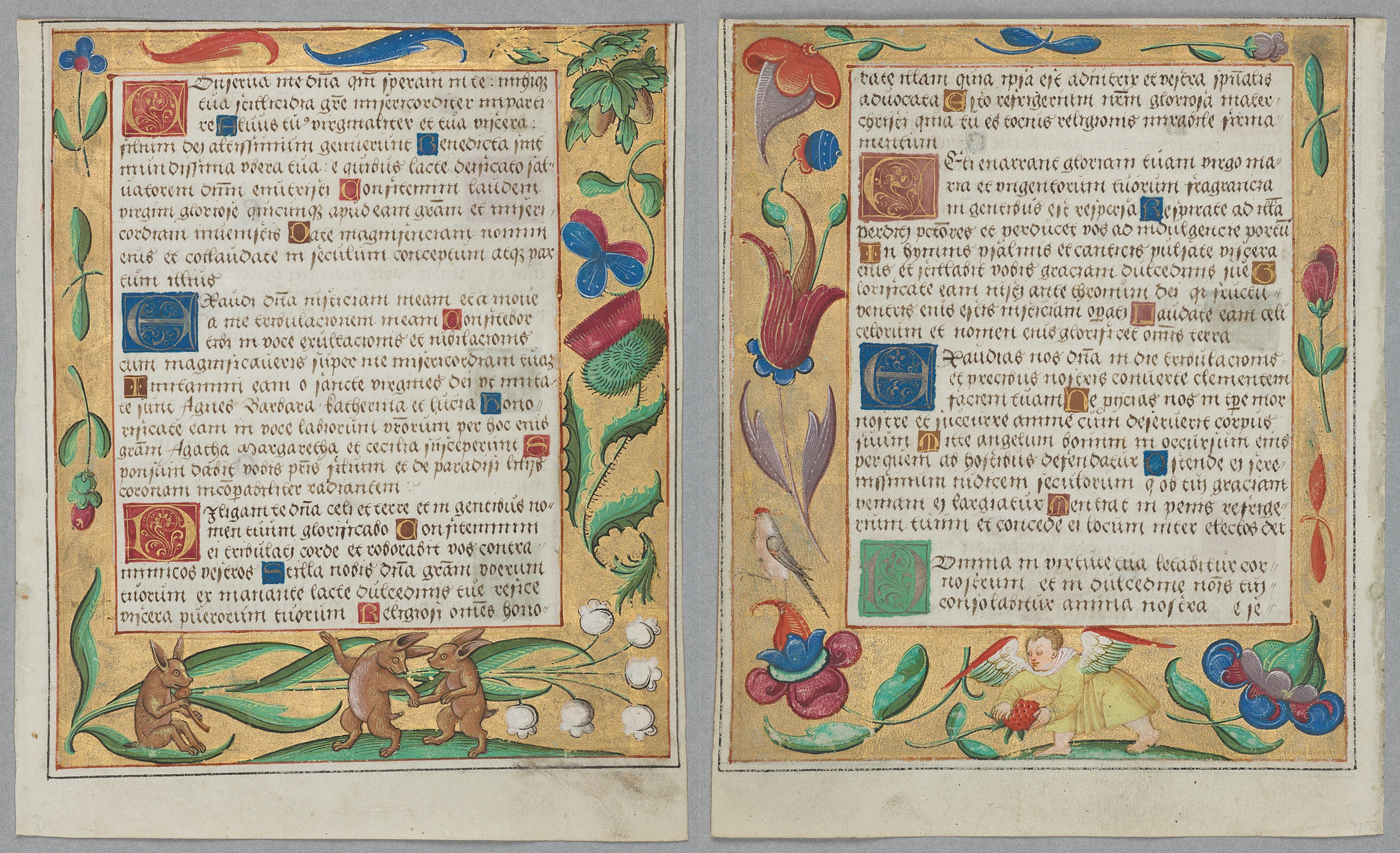 Leaf from a Psalter and Prayerbook: Rabbits Dancing (recto) and Putto Picking Strawberries (verso)