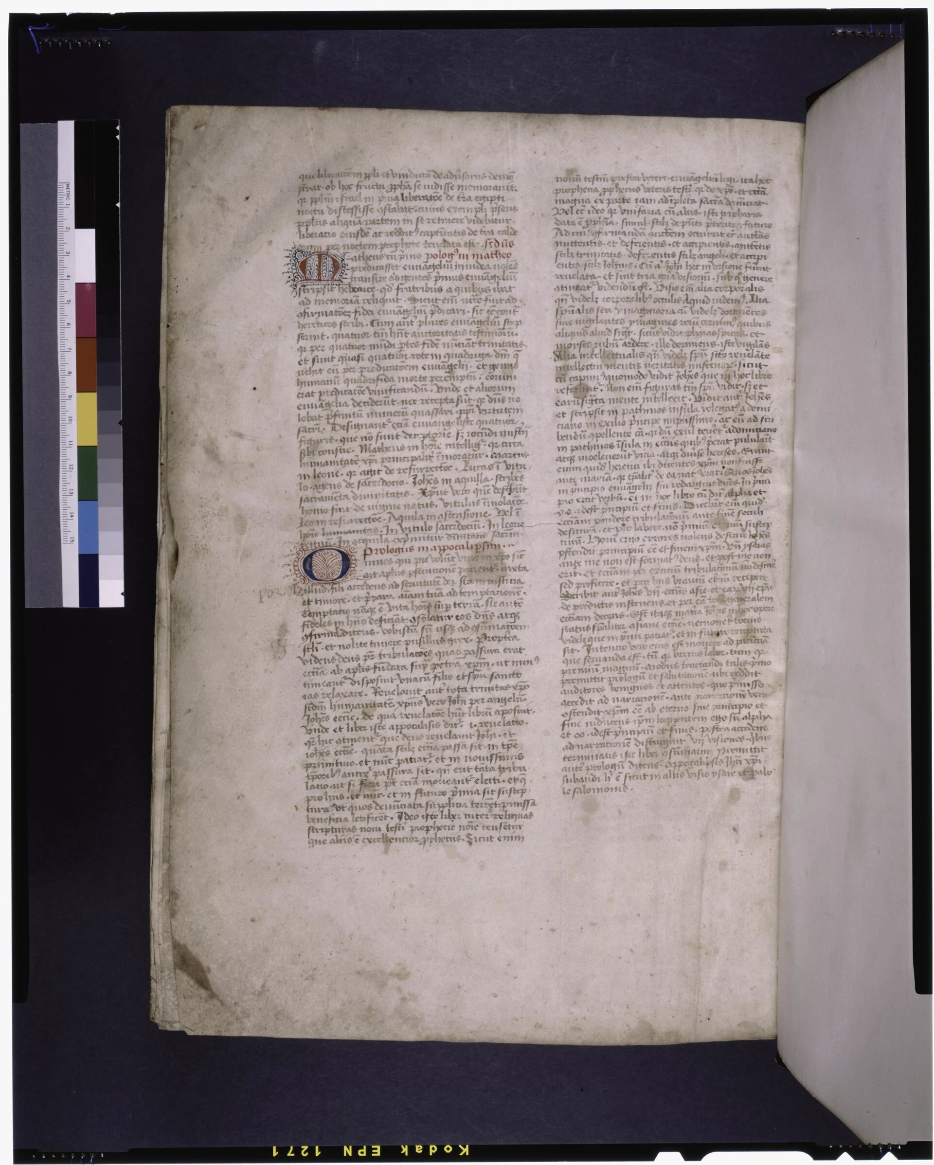 Hand 2, prologues for Matthew and Apocalypse. 3-line initials with penwork. Rubrics. Explicit (NYPL b12455533-420555).ti