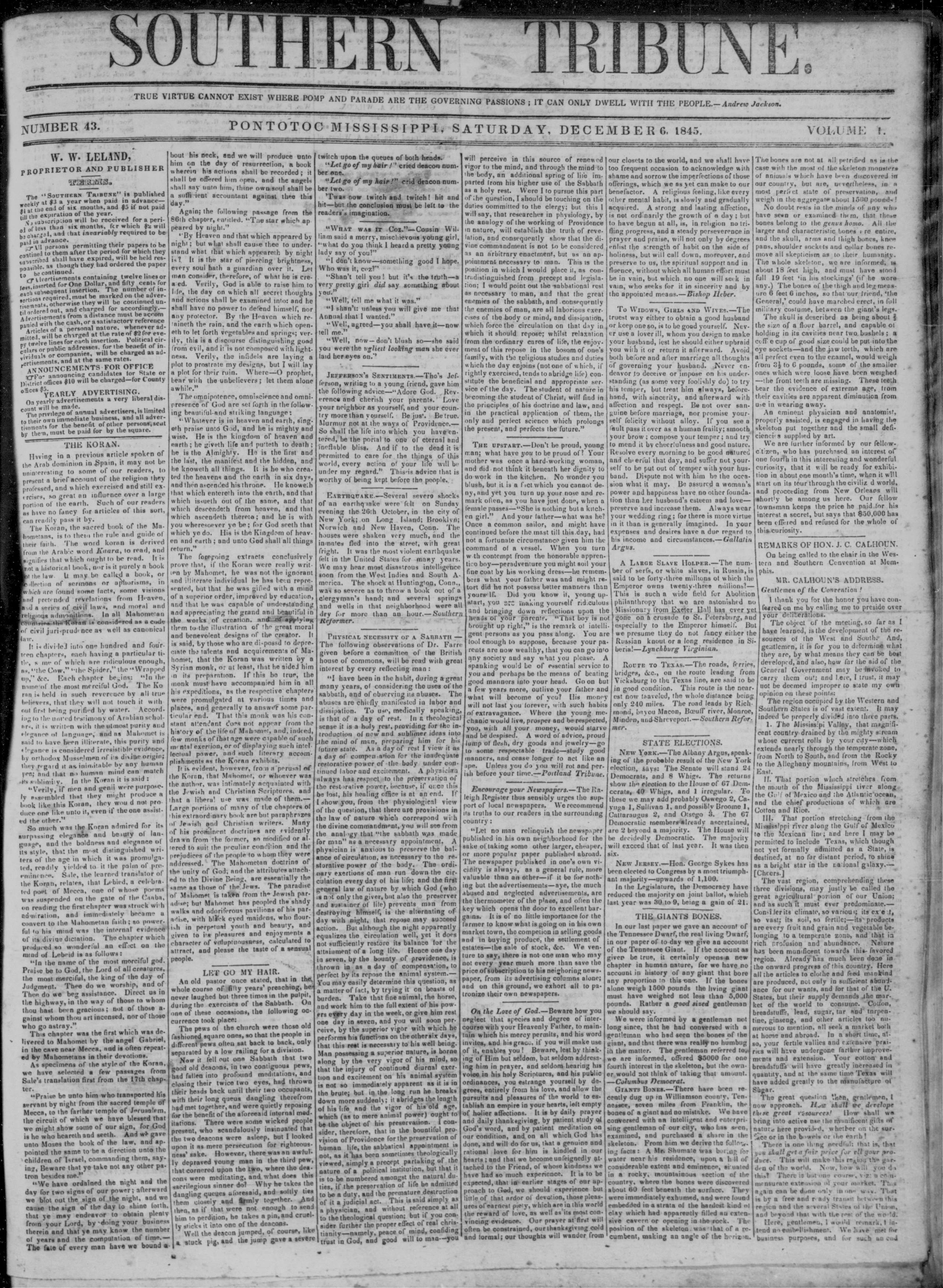 Image 1 of Southern tribune (Pontotoc, Miss.), December 6, 1845