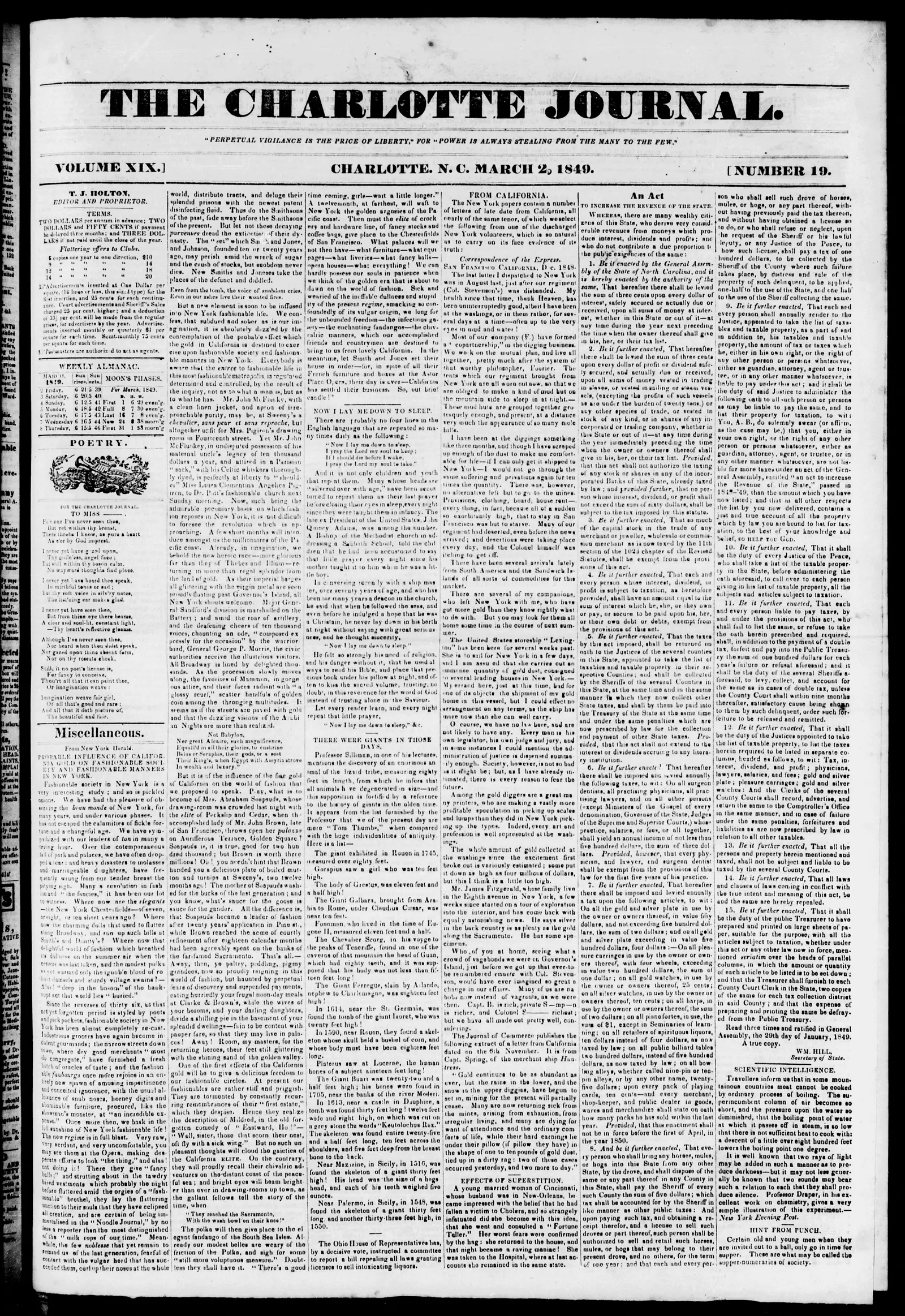Image 1 of The Charlotte journal (Charlotte, N.C.), March 2, 1849