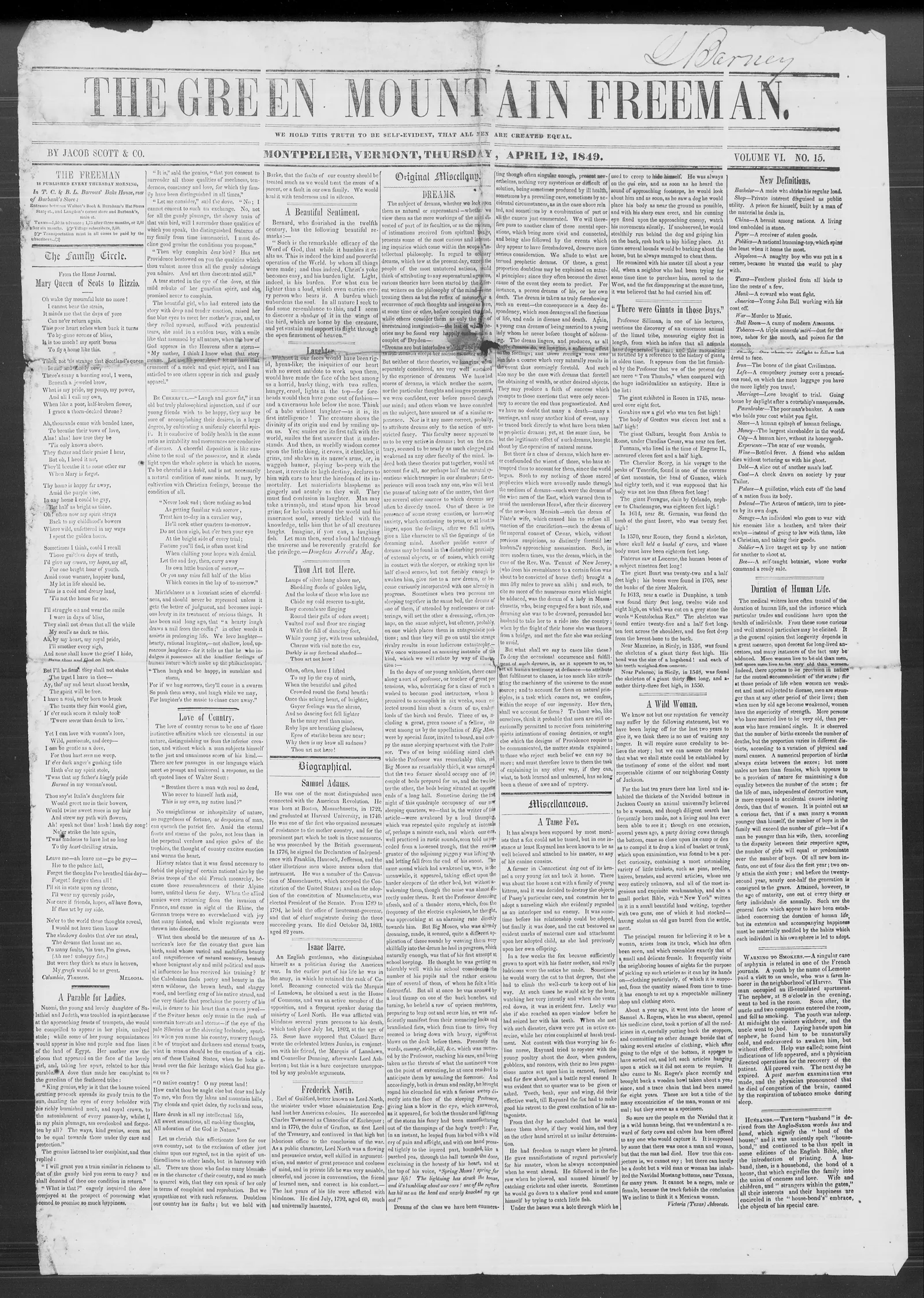 Image 1 of Green-Mountain freeman (Montpelier, Vt.), April 12, 1849