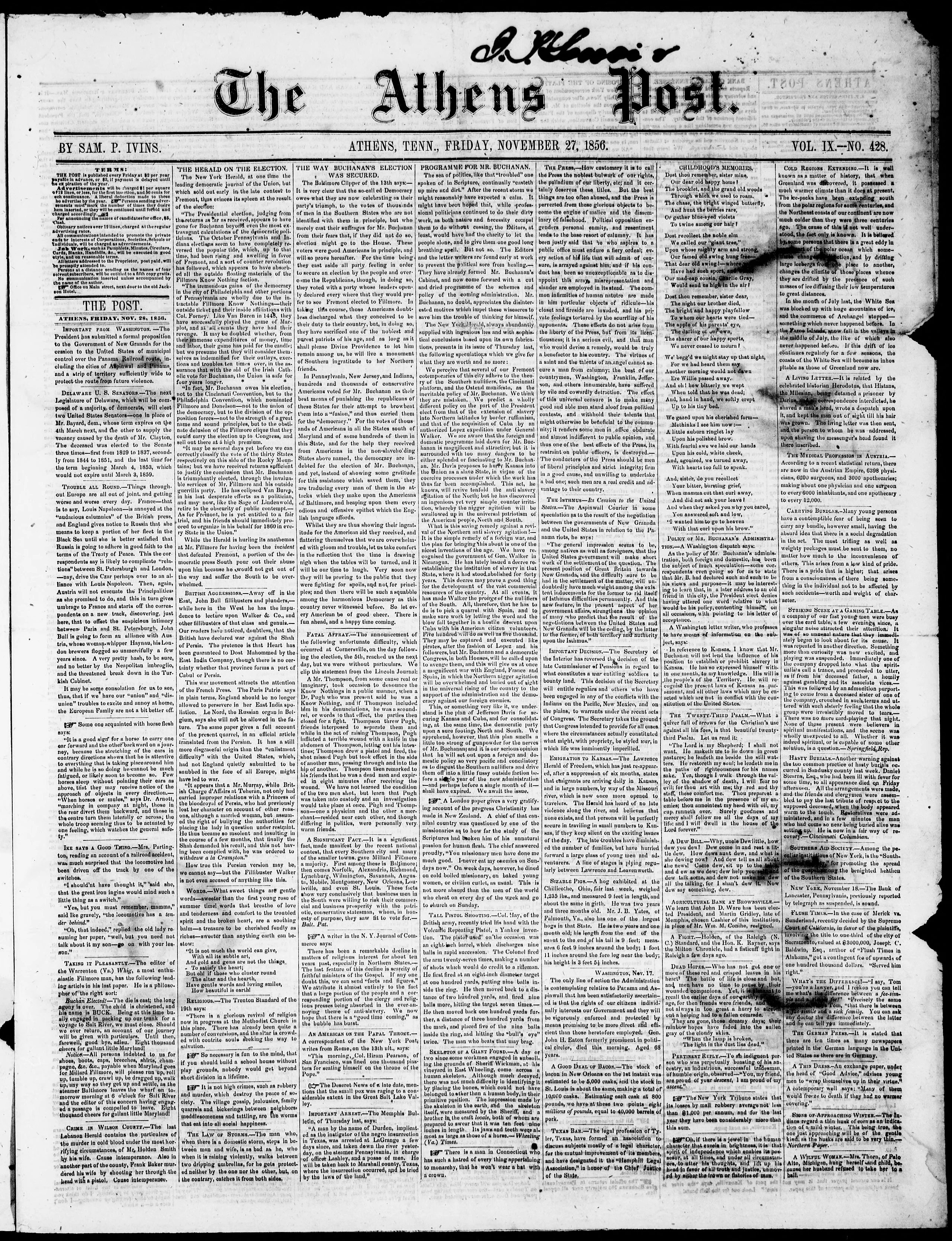 Image 1 of The Athens post (Athens, Tenn.), November 27, 1856