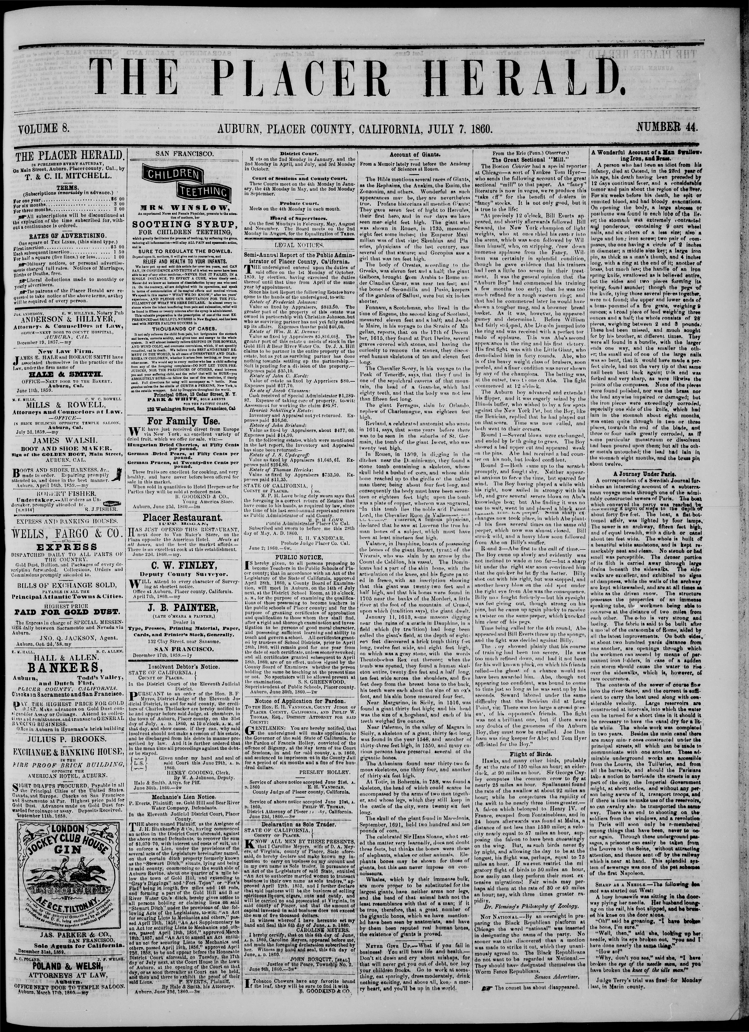 Image 1 of The Placer herald (Auburn, Placer County, Calif.), July 7, 1860