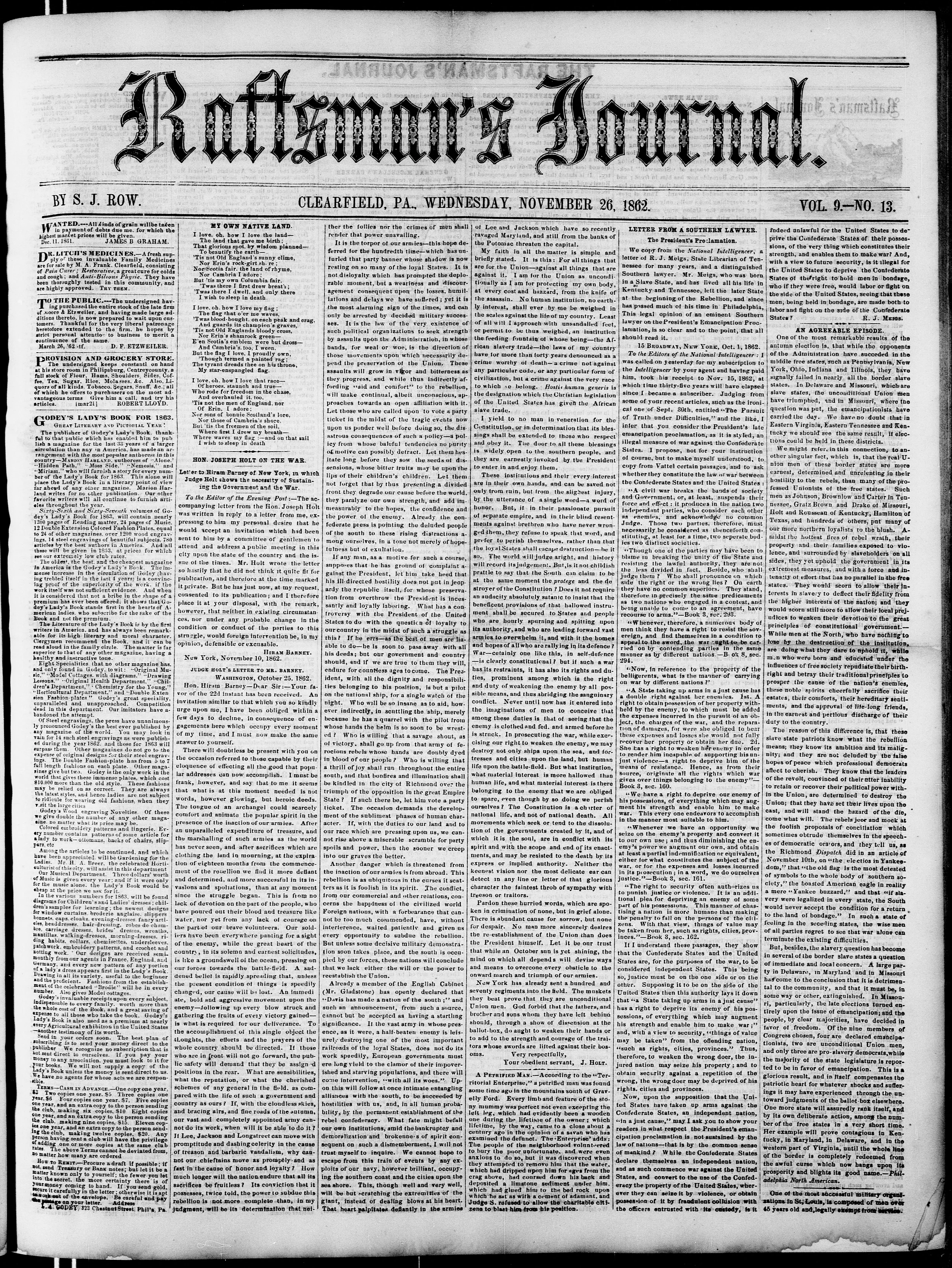 Image 1 of Raftsman's journal (Clearfield, Pa.), November 26, 1862