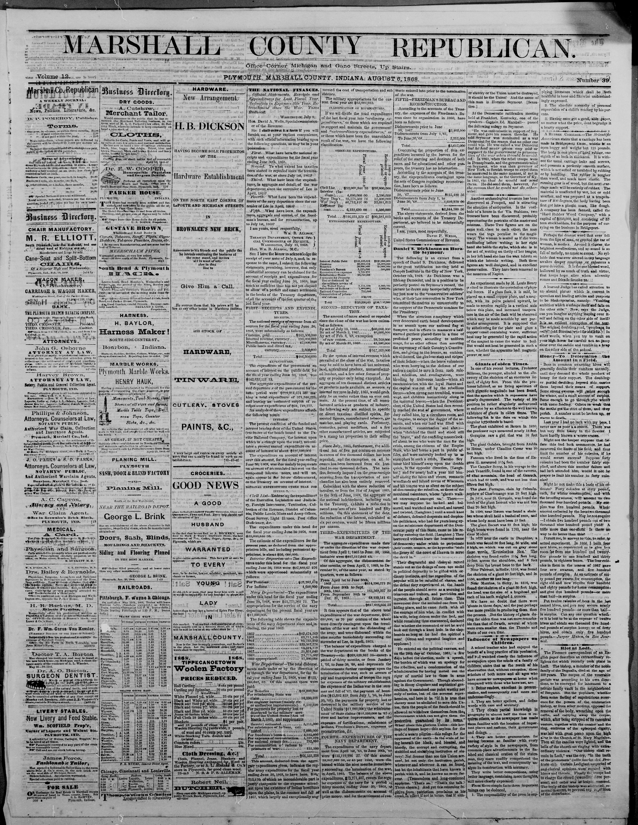 Image 1 of Marshall County Republican (Plymouth, Ind.), August 6, 1868