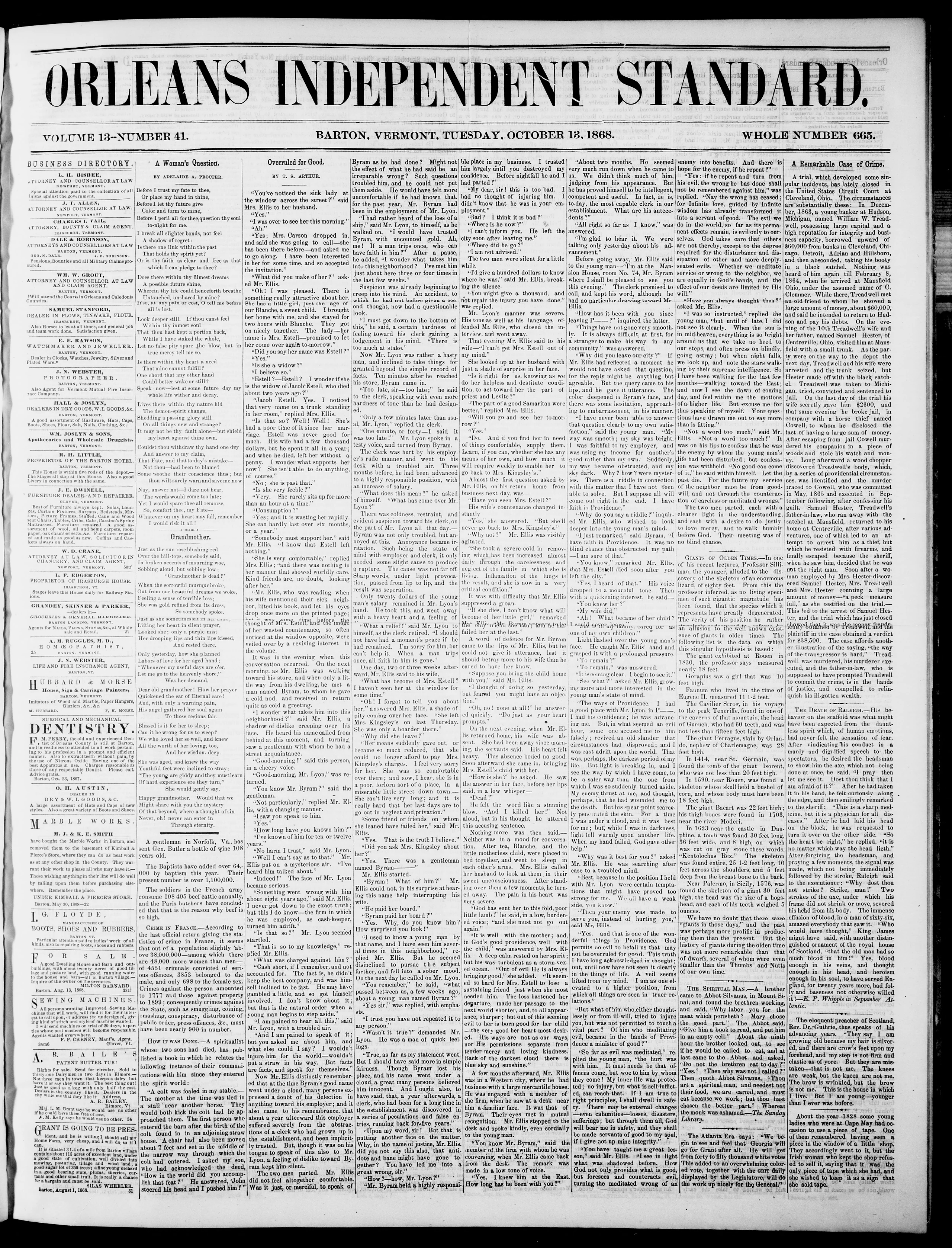 Image 1 of Orleans independent standard (Irasburgh, Vt.), October 13, 1868