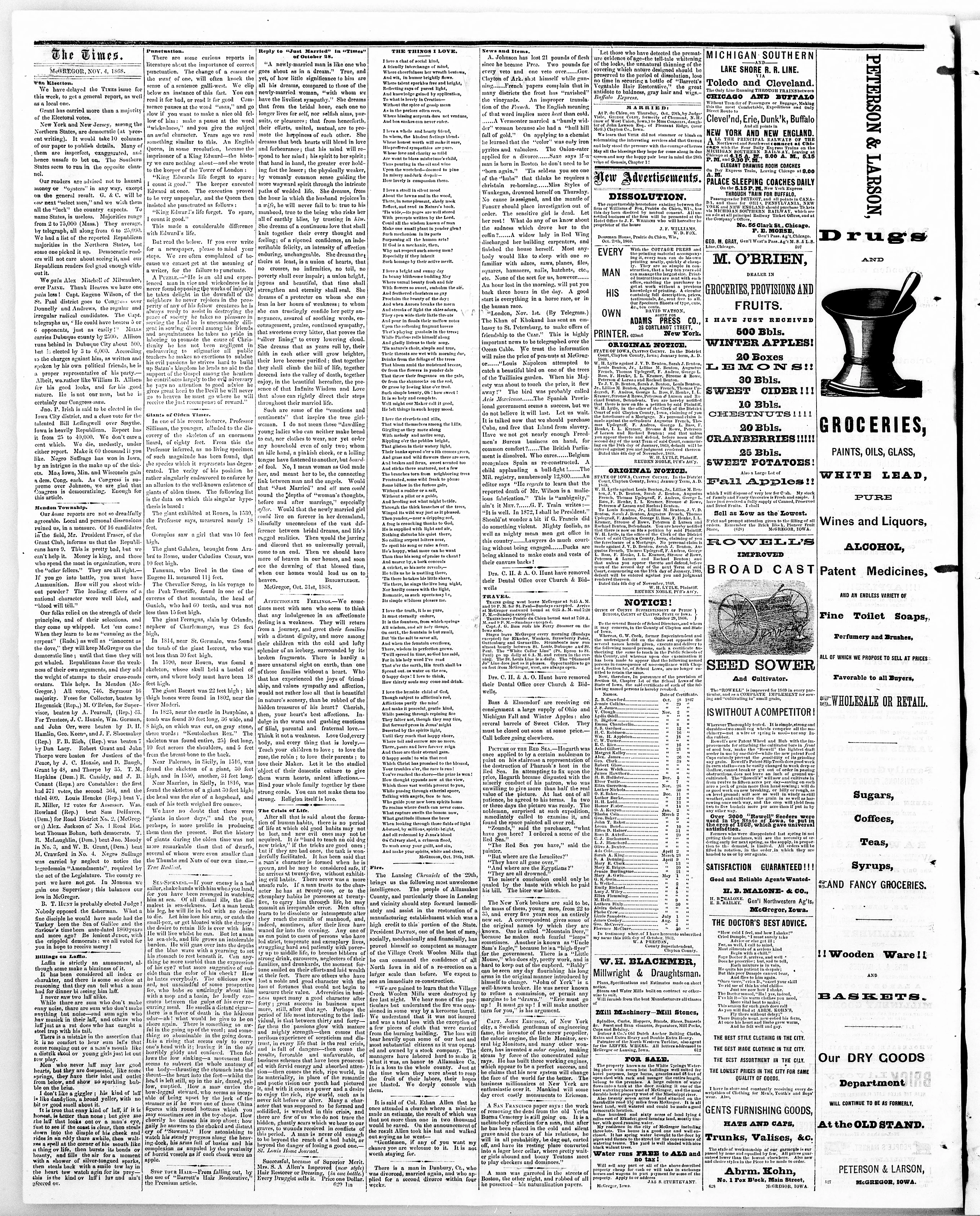 Image 2 of North Iowa times (McGregor, Iowa), November 4, 1868
