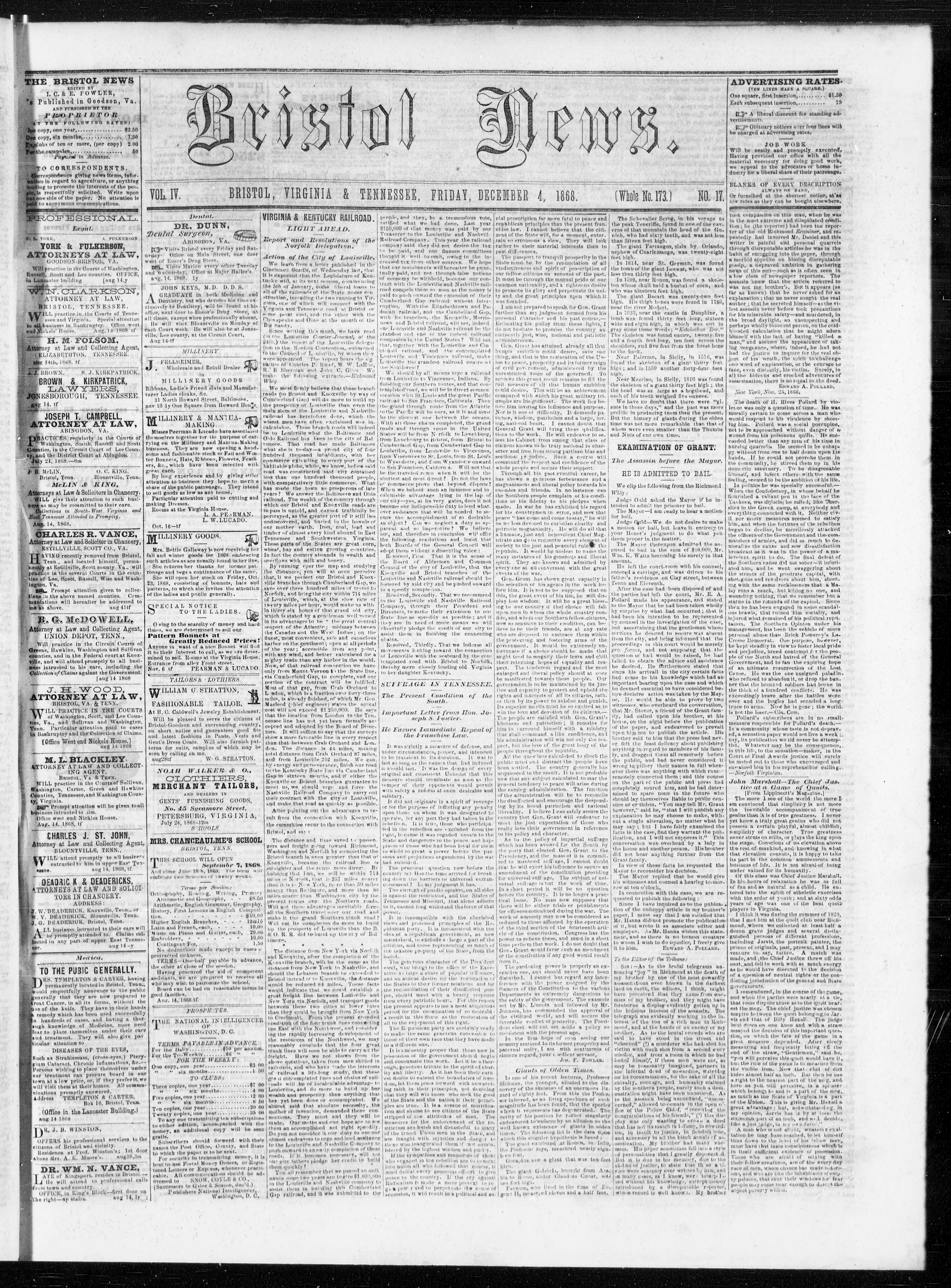 Image 1 of Bristol news (Bristol, Va. & Tenn.), December 4, 1868