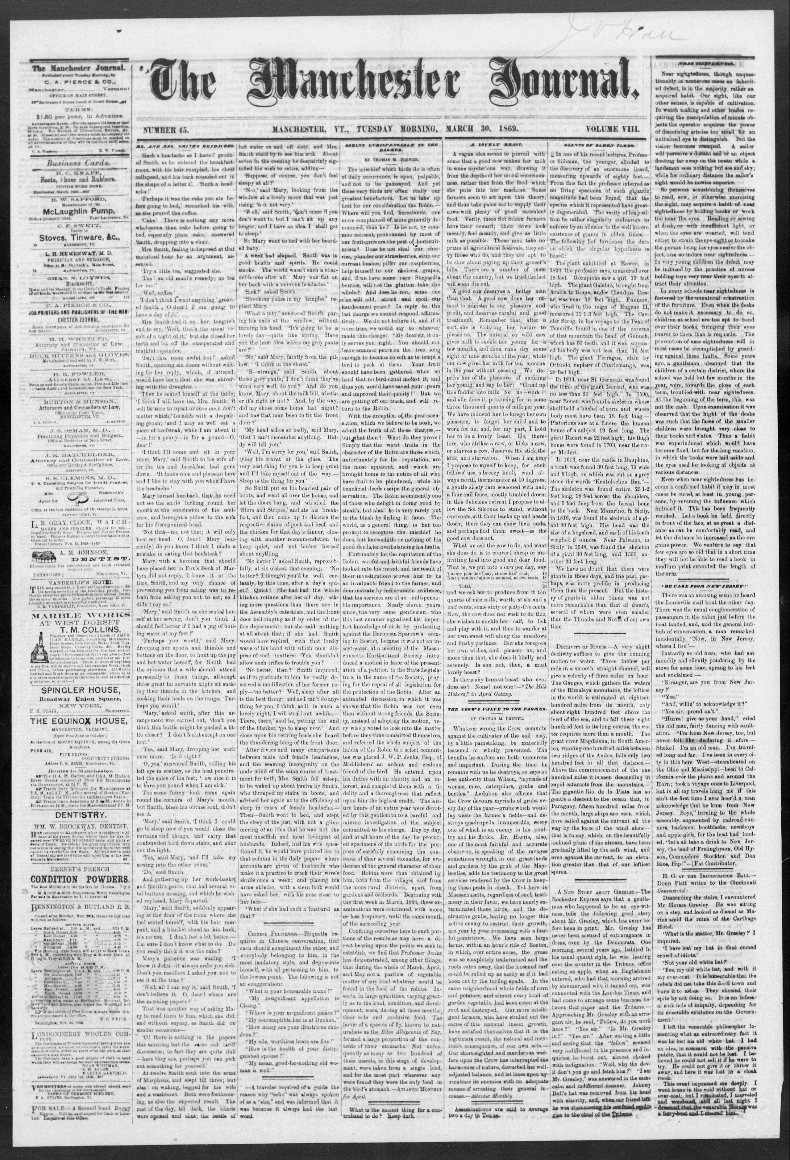 Image 1 of The Manchester journal (Manchester, Vt.), March 30, 1869