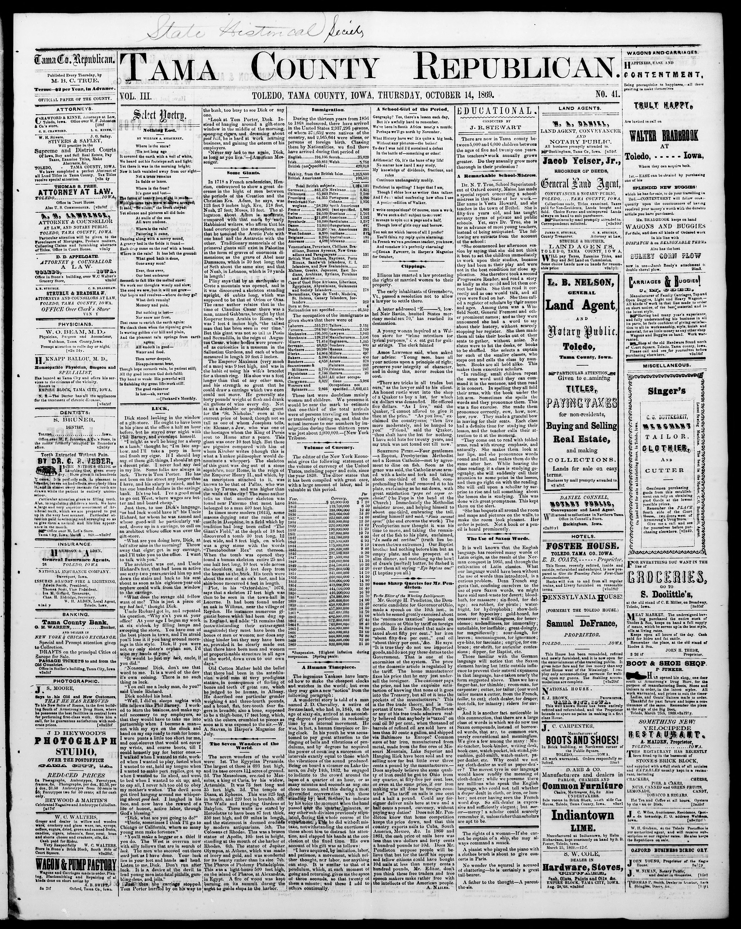 Image 1 of Tama County Republican (Toledo, Tama County, Iowa), October 14, 1869