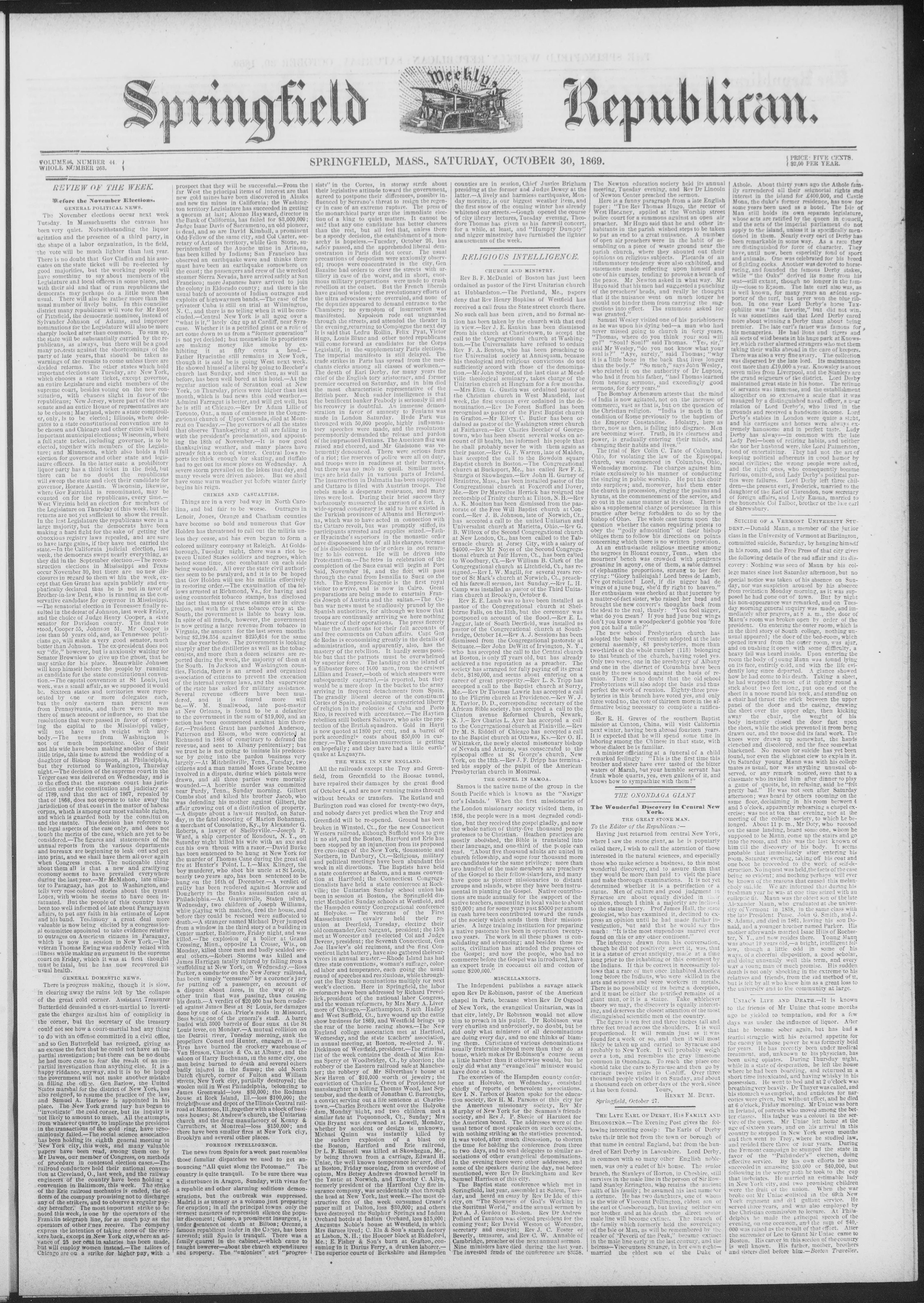 Image 1 of Springfield weekly Republican (Springfield, Mass.), October 30, 1869