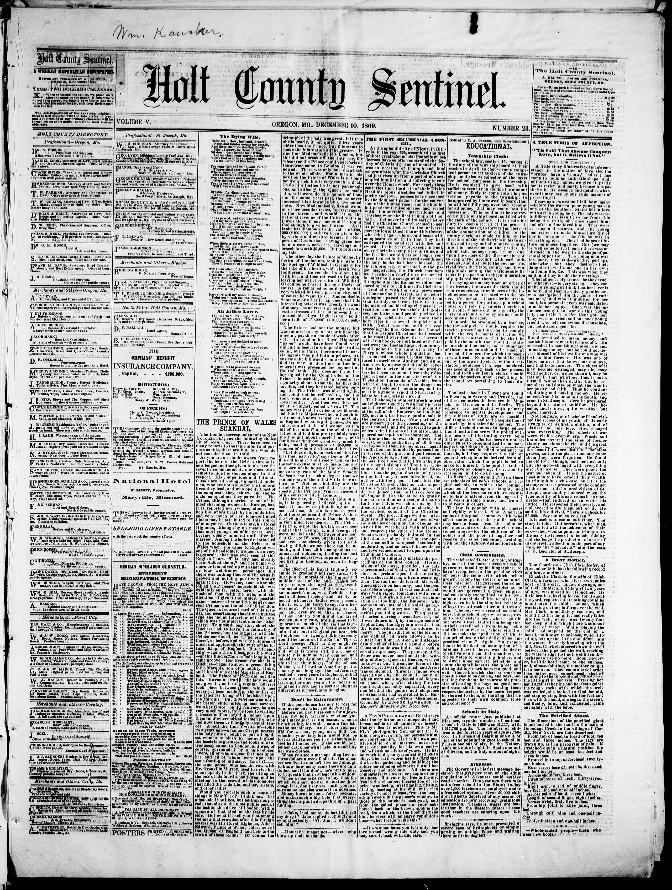 Image 1 of The Holt County sentinel (Oregon, Missouri.), December 10, 1869