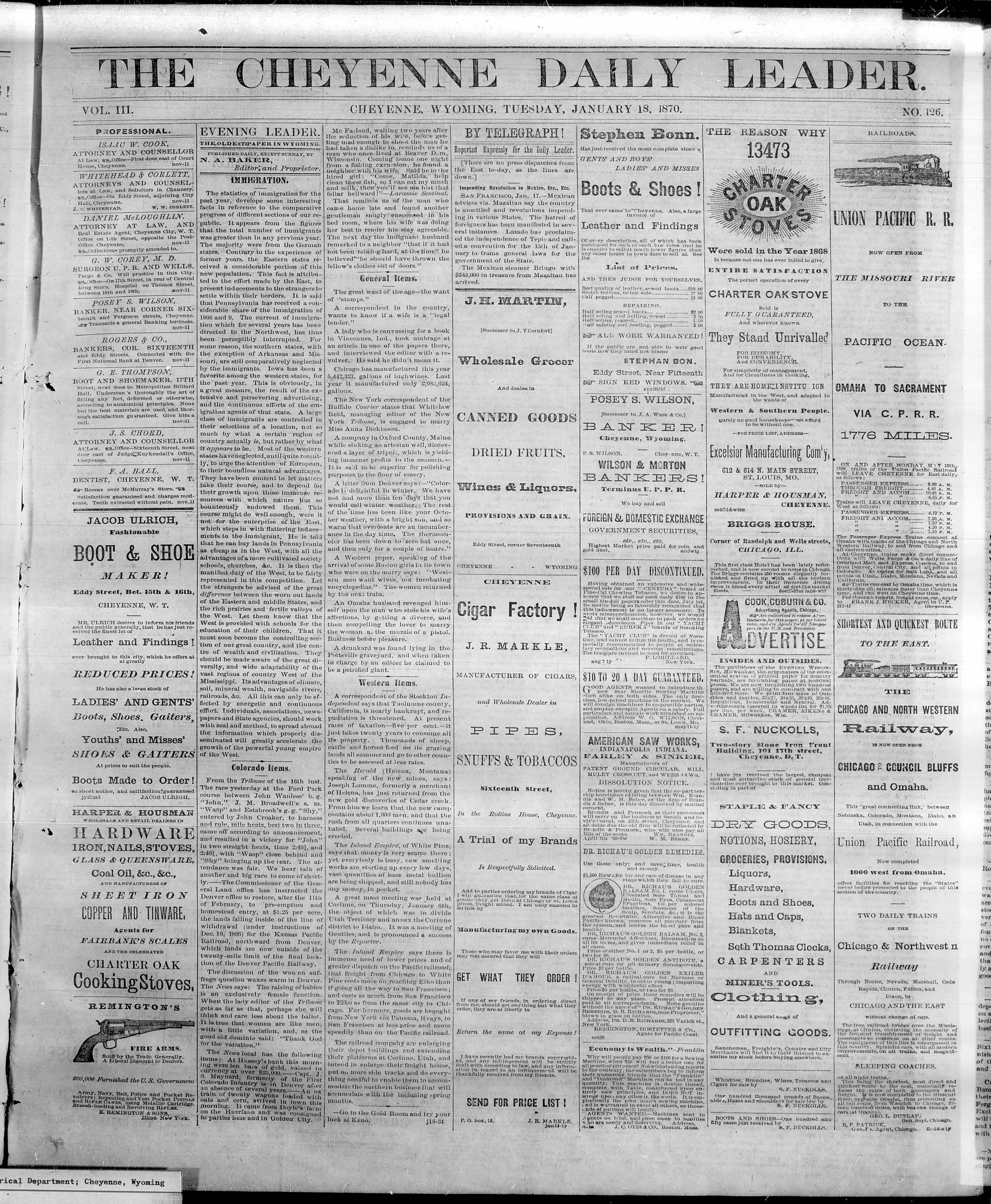 Image 1 of The Cheyenne daily leader (Cheyenne, Wyo.), January 18, 1870