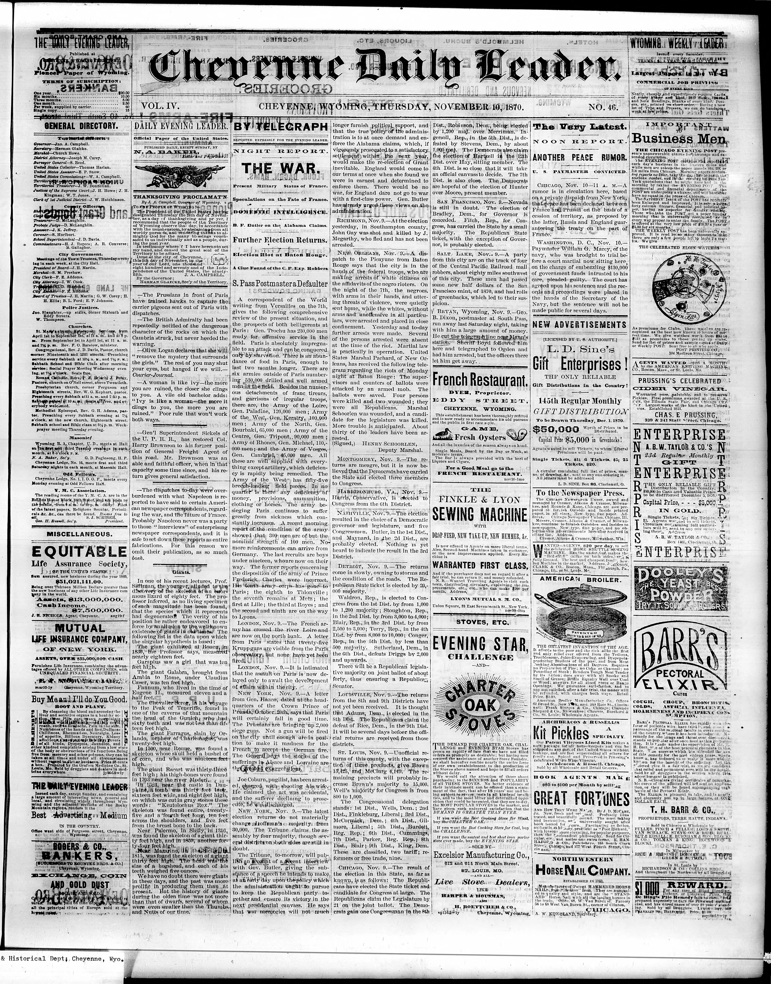 Image 1 of The Cheyenne daily leader (Cheyenne, Wyo.), November 10, 1870