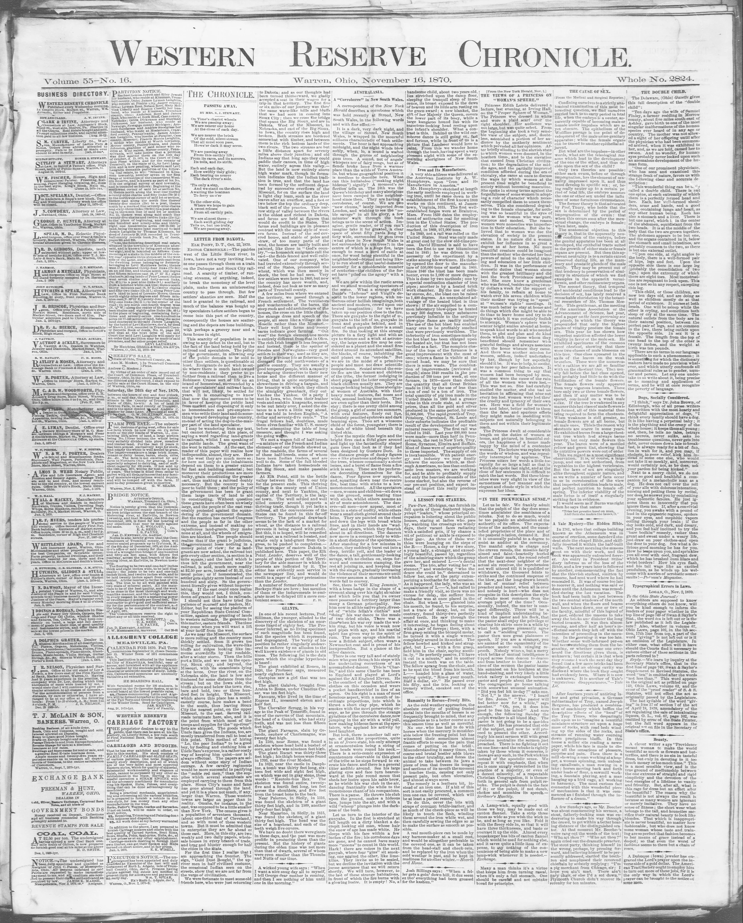 Image 1 of Western Reserve chronicle (Warren, Ohio), November 16, 1870