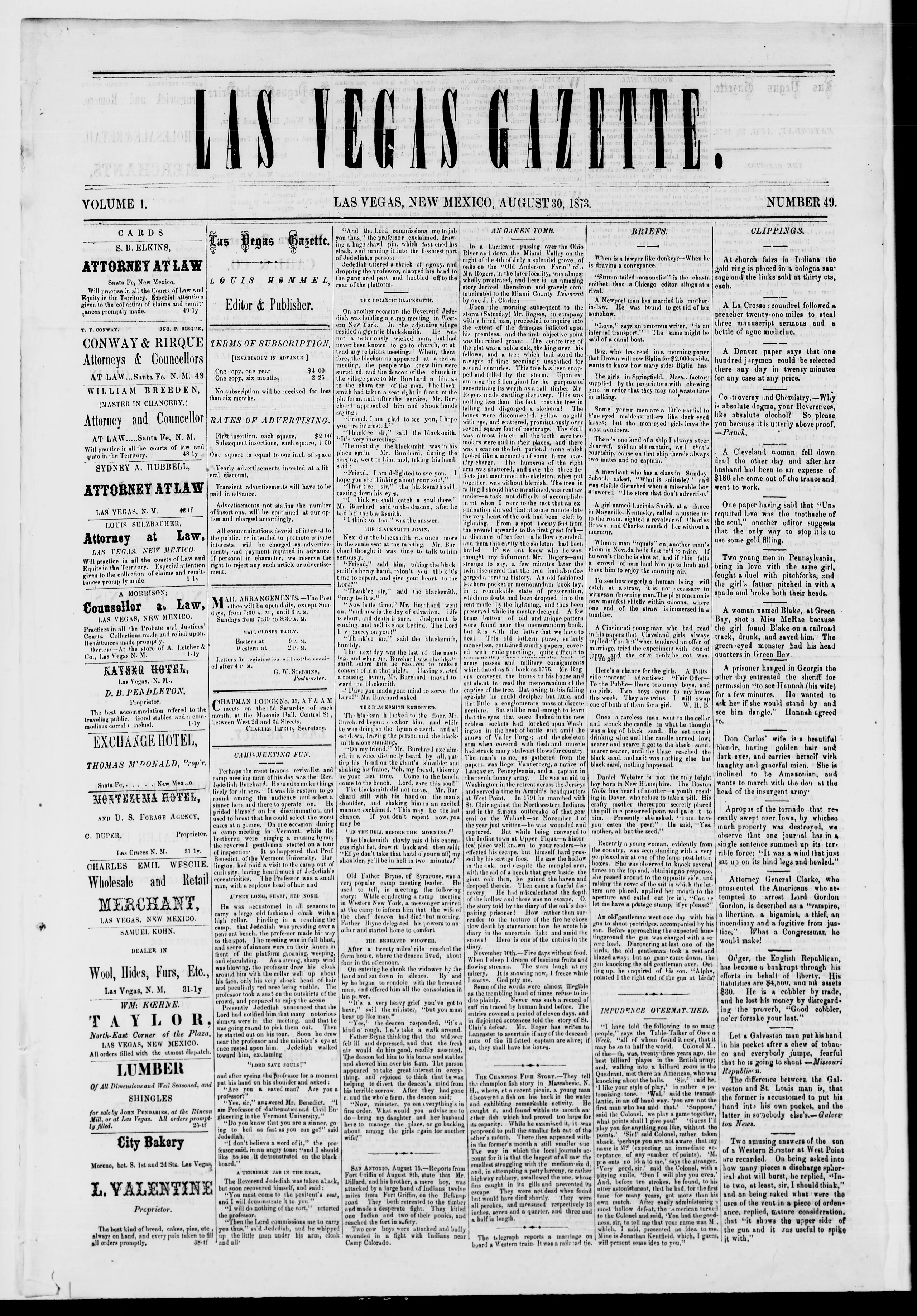 Image 1 of Las Vegas gazette (Las Vegas, N.M.), August 30, 1873