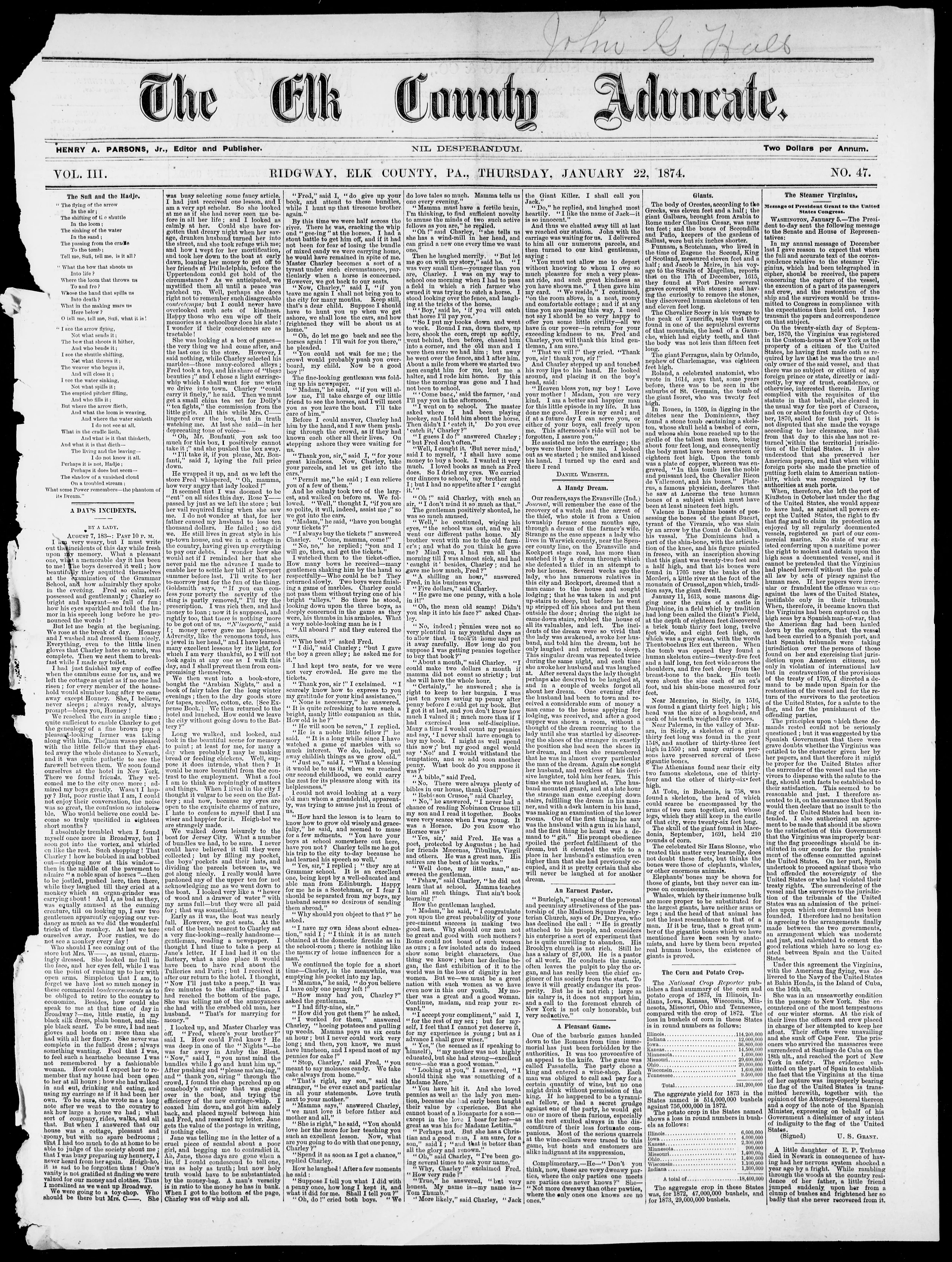 Image 1 of The Elk County advocate (Ridgway, Pa.), January 22, 1874