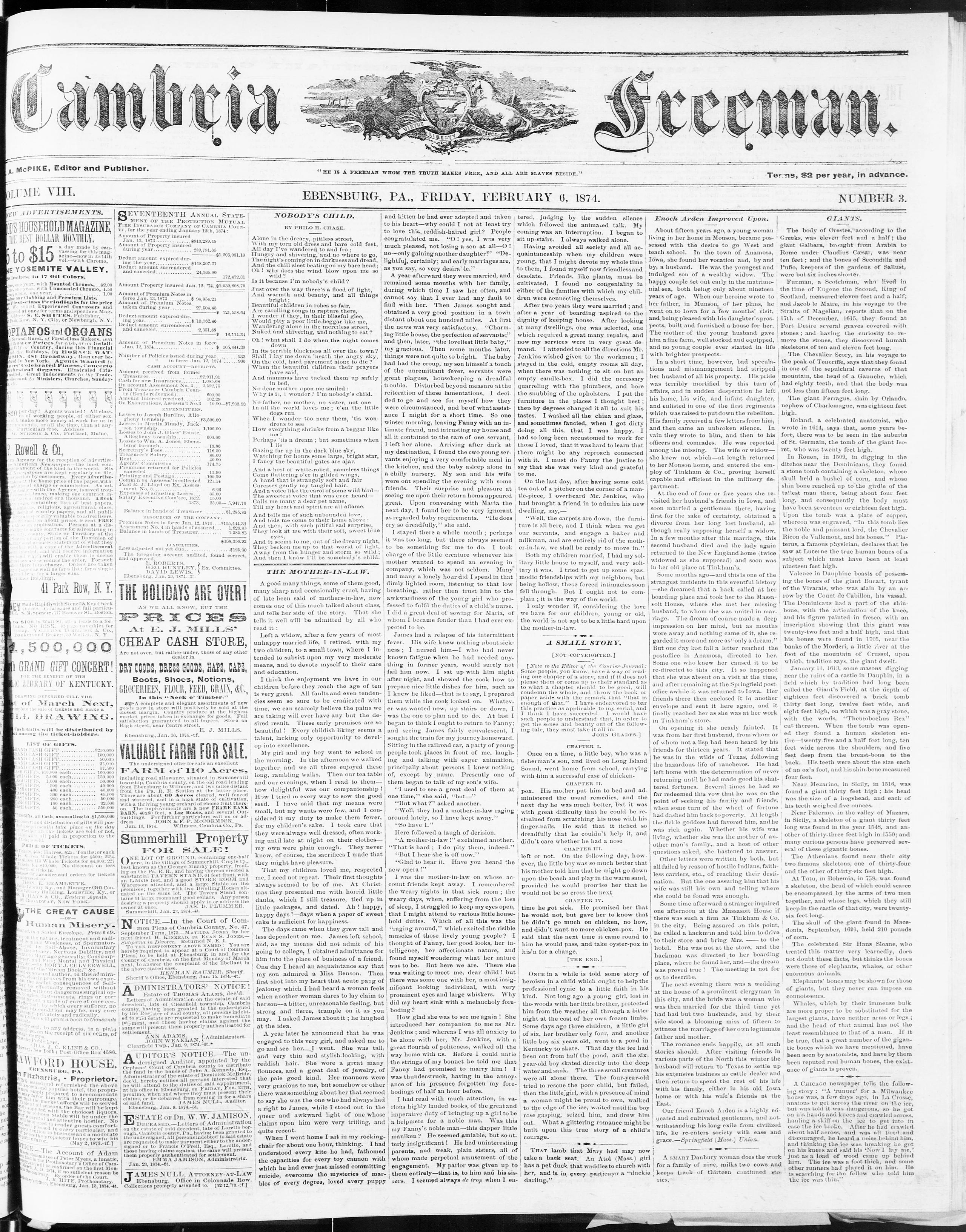 Image 1 of The Cambria freeman (Ebensburg, Pa.), February 6, 1874