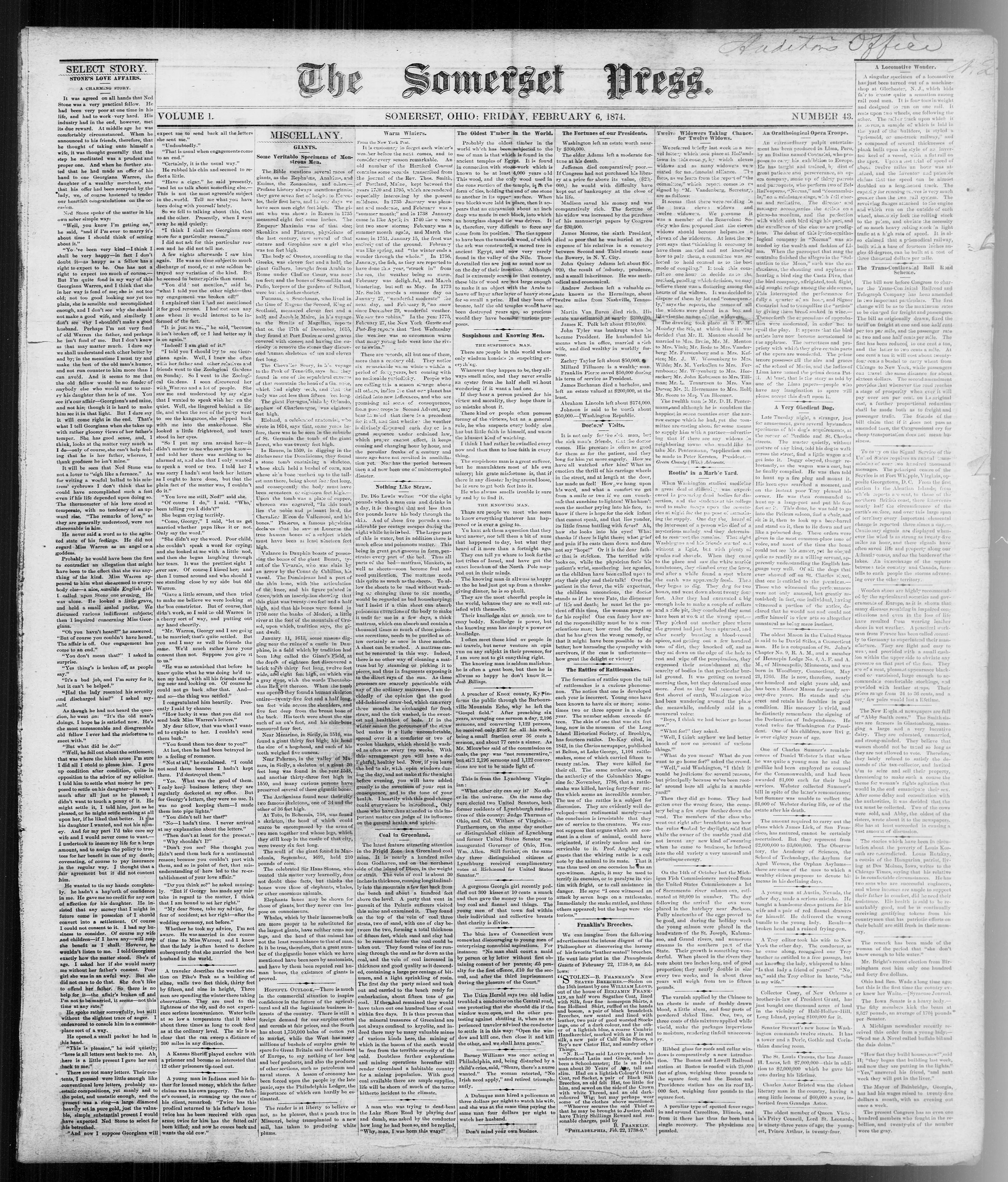Image 1 of The Somerset press (Somerset, Ohio), February 6, 1874