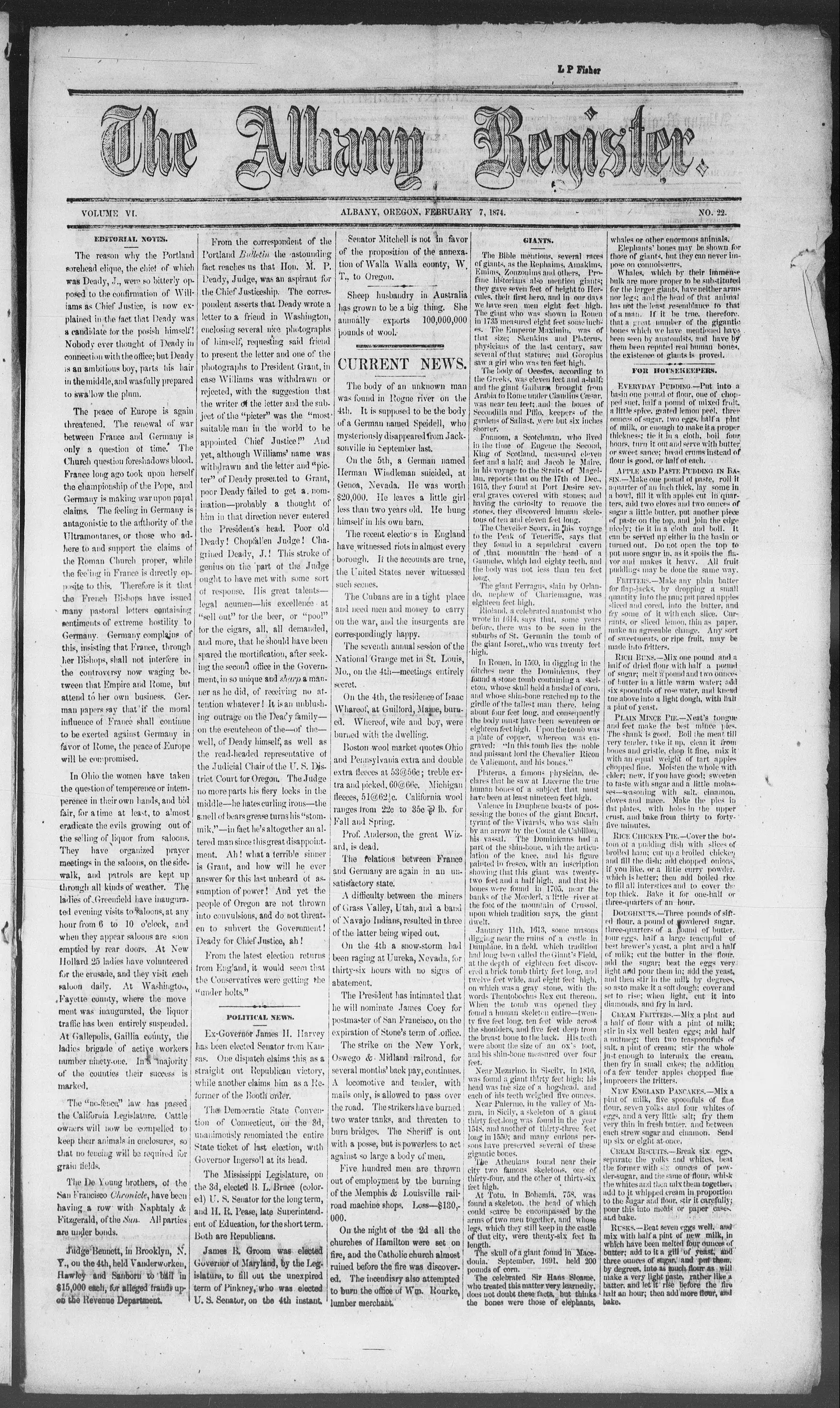 Image 1 of The Albany register (Albany, Or.), February 7, 1874