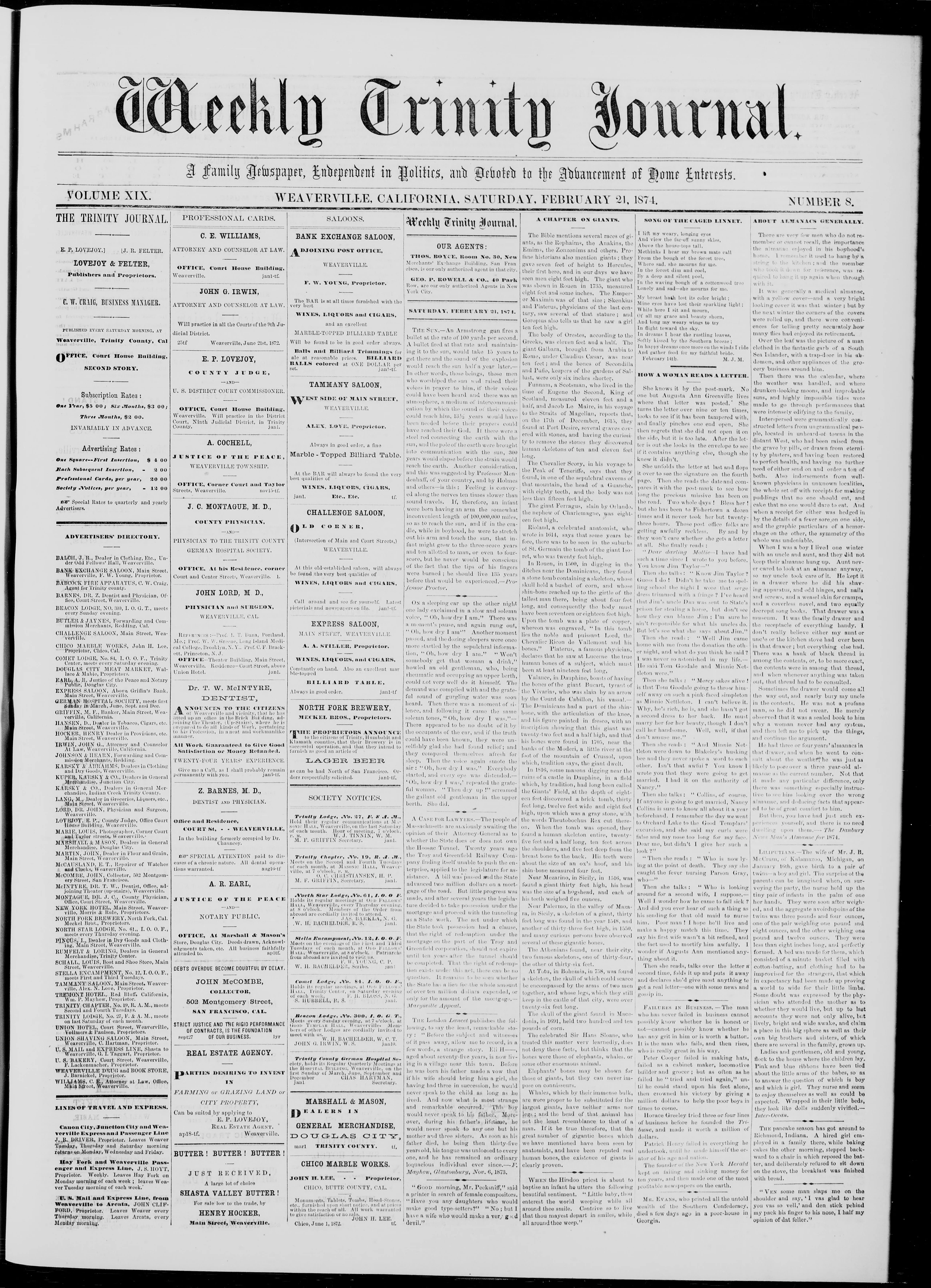 Image 1 of Weekly Trinity journal (Weaverville, Calif.), February 21, 1874