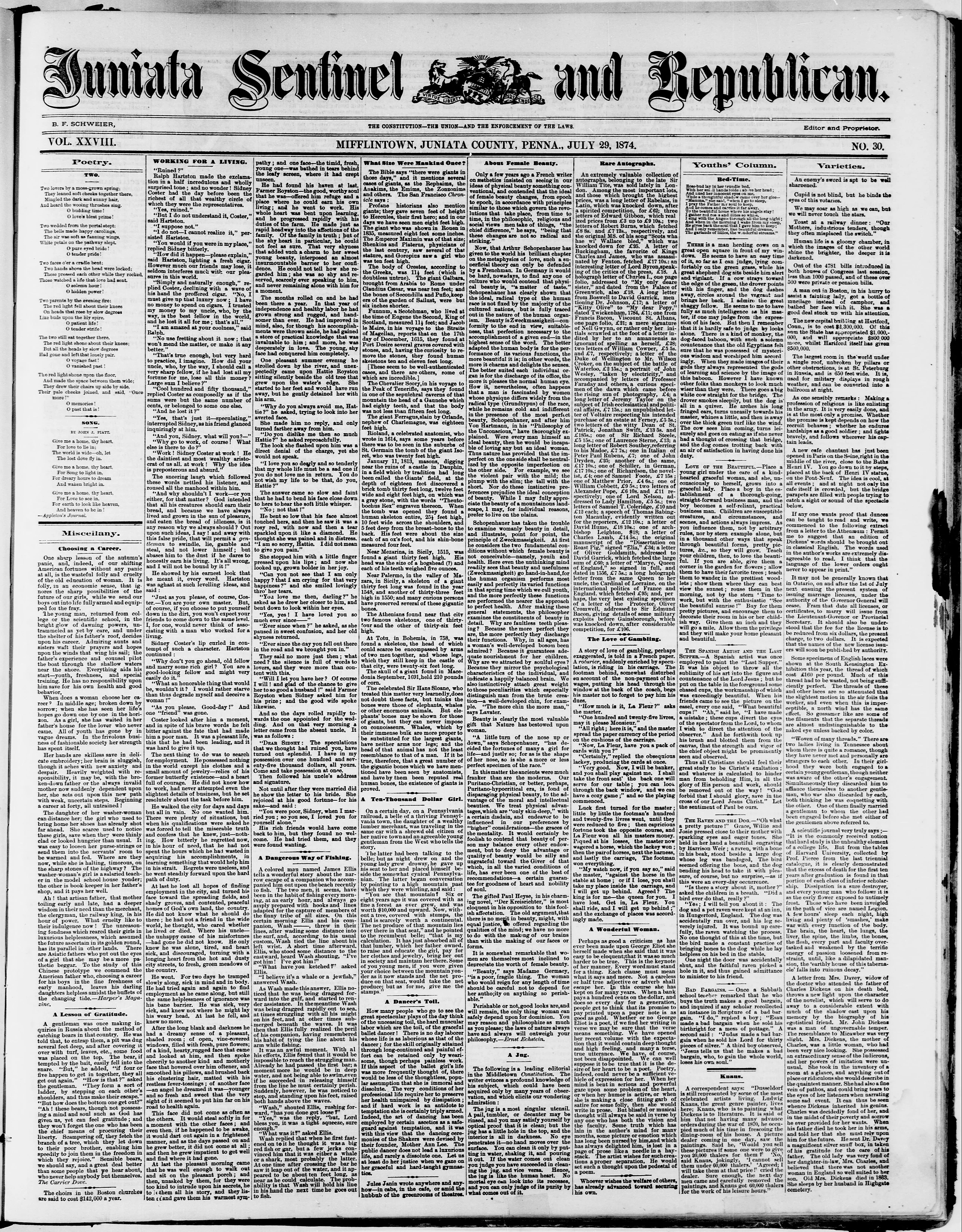 Image 1 of Juniata sentinel and Republican (Mifflintown, Juniata County, Pa.), July 29, 1874