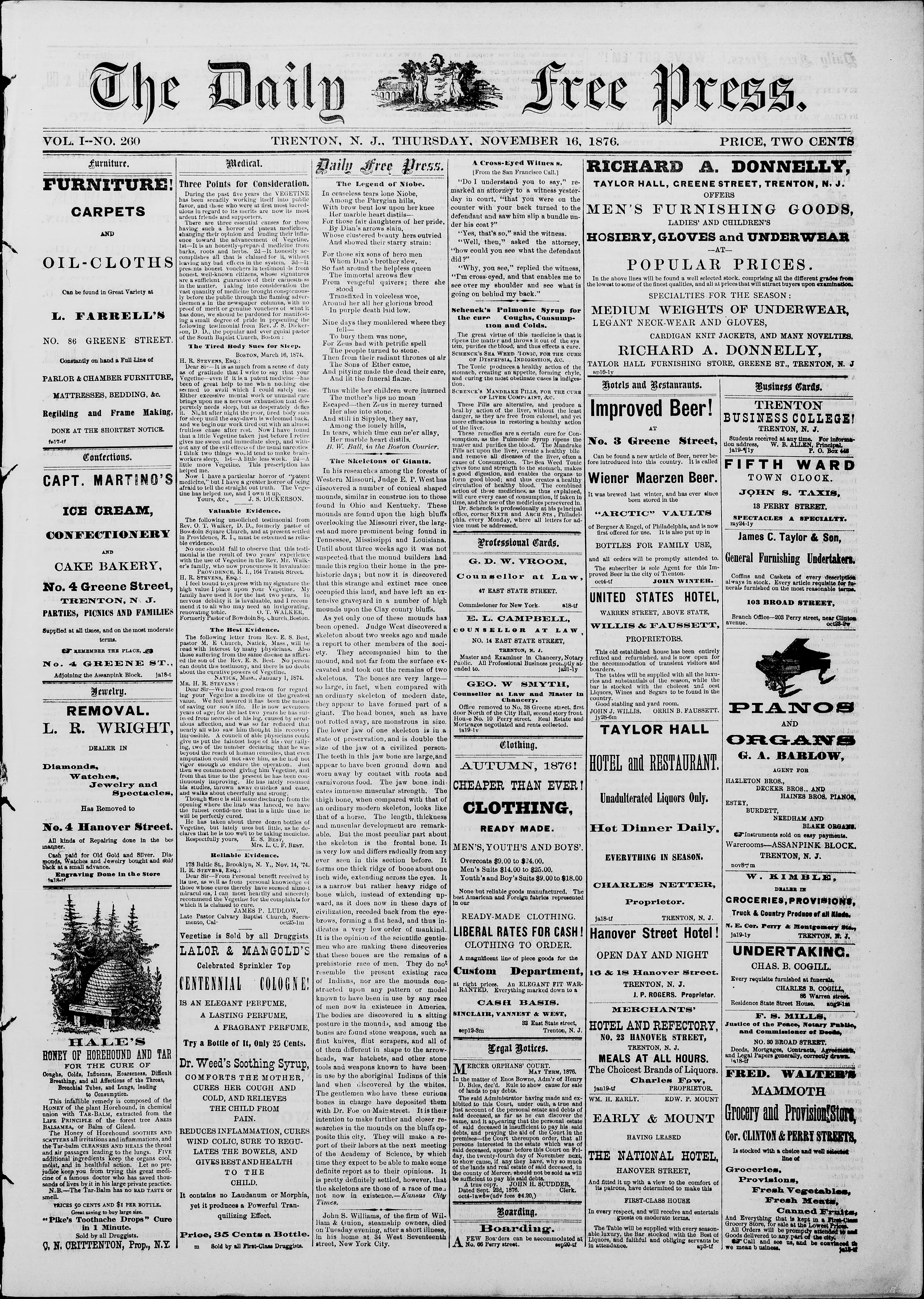 Image 1 of The daily free press (Trenton, N.J.), November 16, 1876