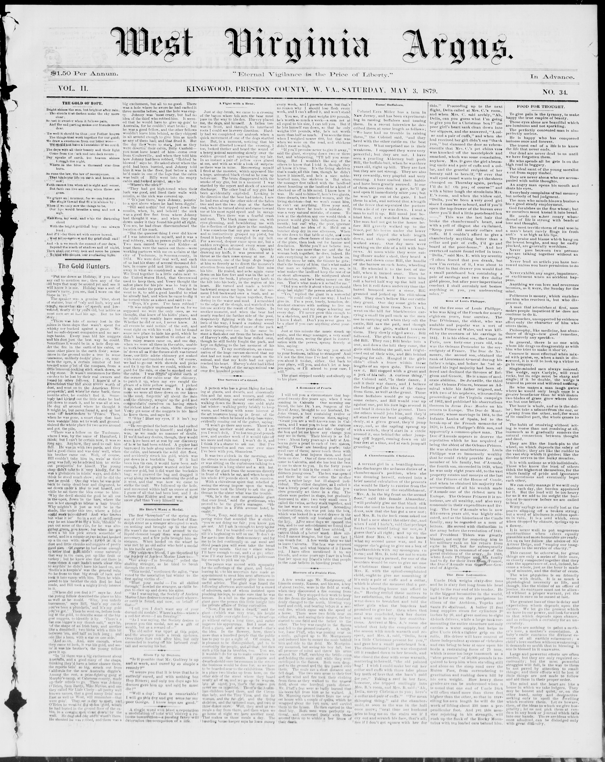 Image 1 of West Virginia argus (Kingwood, W. Va.), May 3, 1879