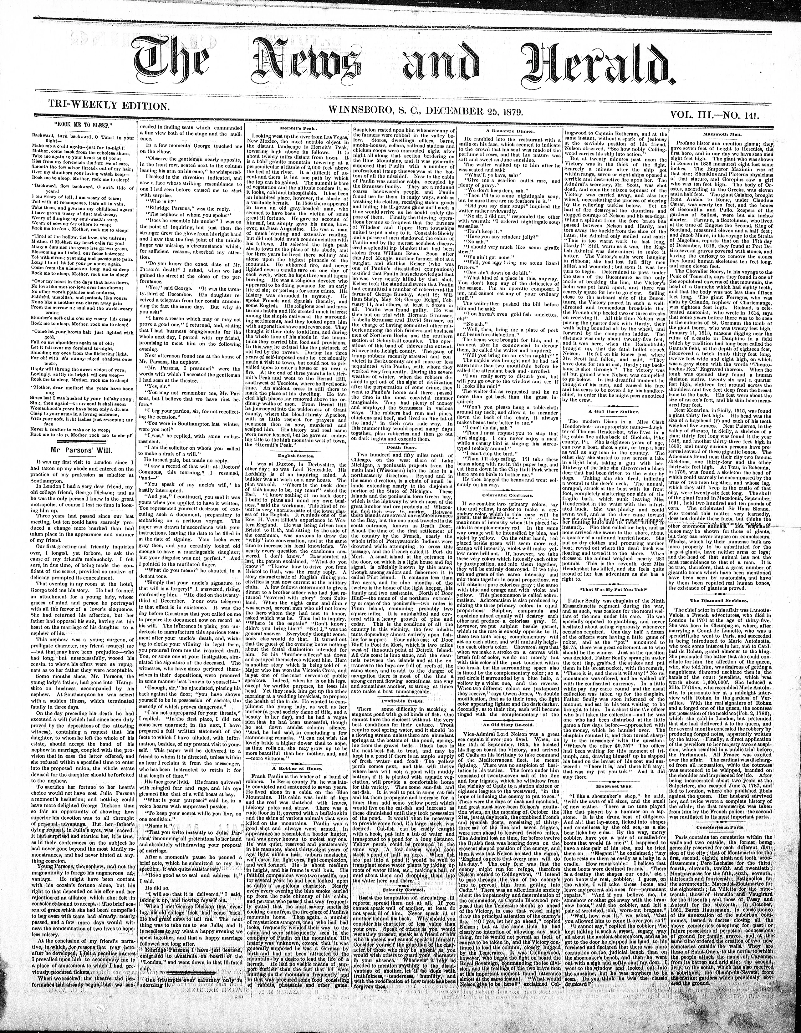 Image 1 of The news and herald (Winnsboro, S.C.), December 25, 1879
