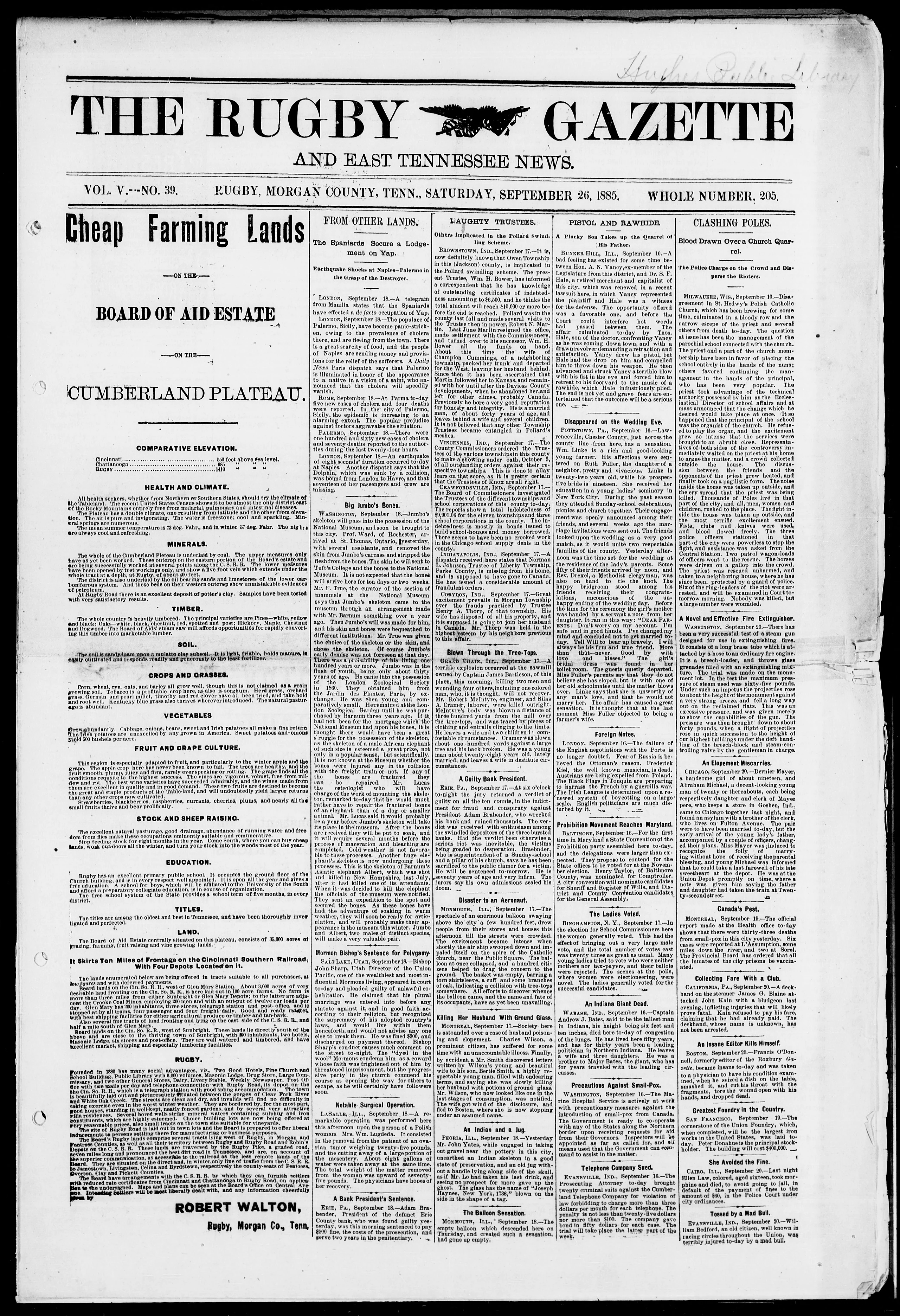 Image 1 of The Rugby gazette and east Tennessee news (Rugby, Morgan Co., Tenn.), September 26, 1885