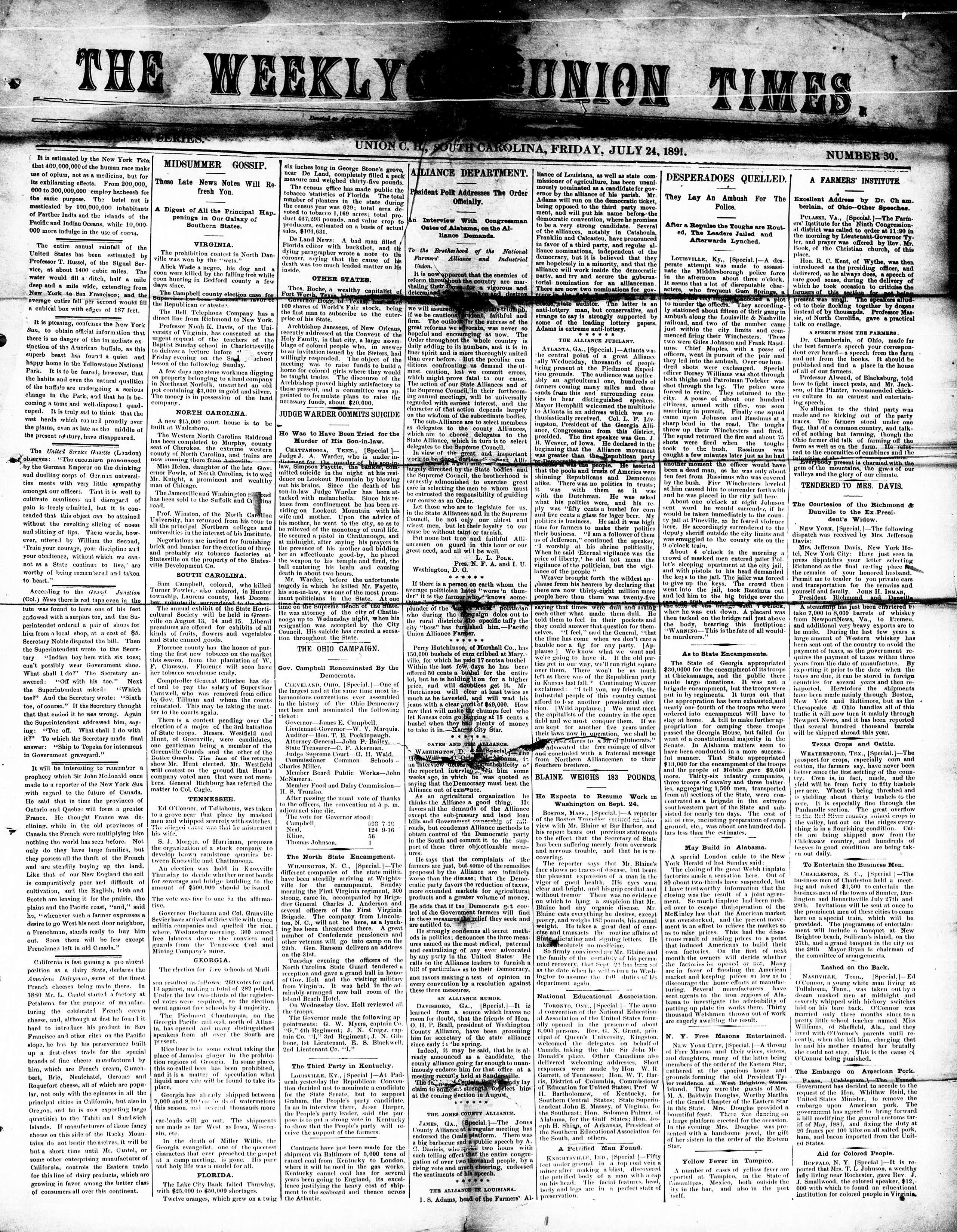 Image 1 of The weekly Union times (Union C.H., South Carolina), July 24, 1891