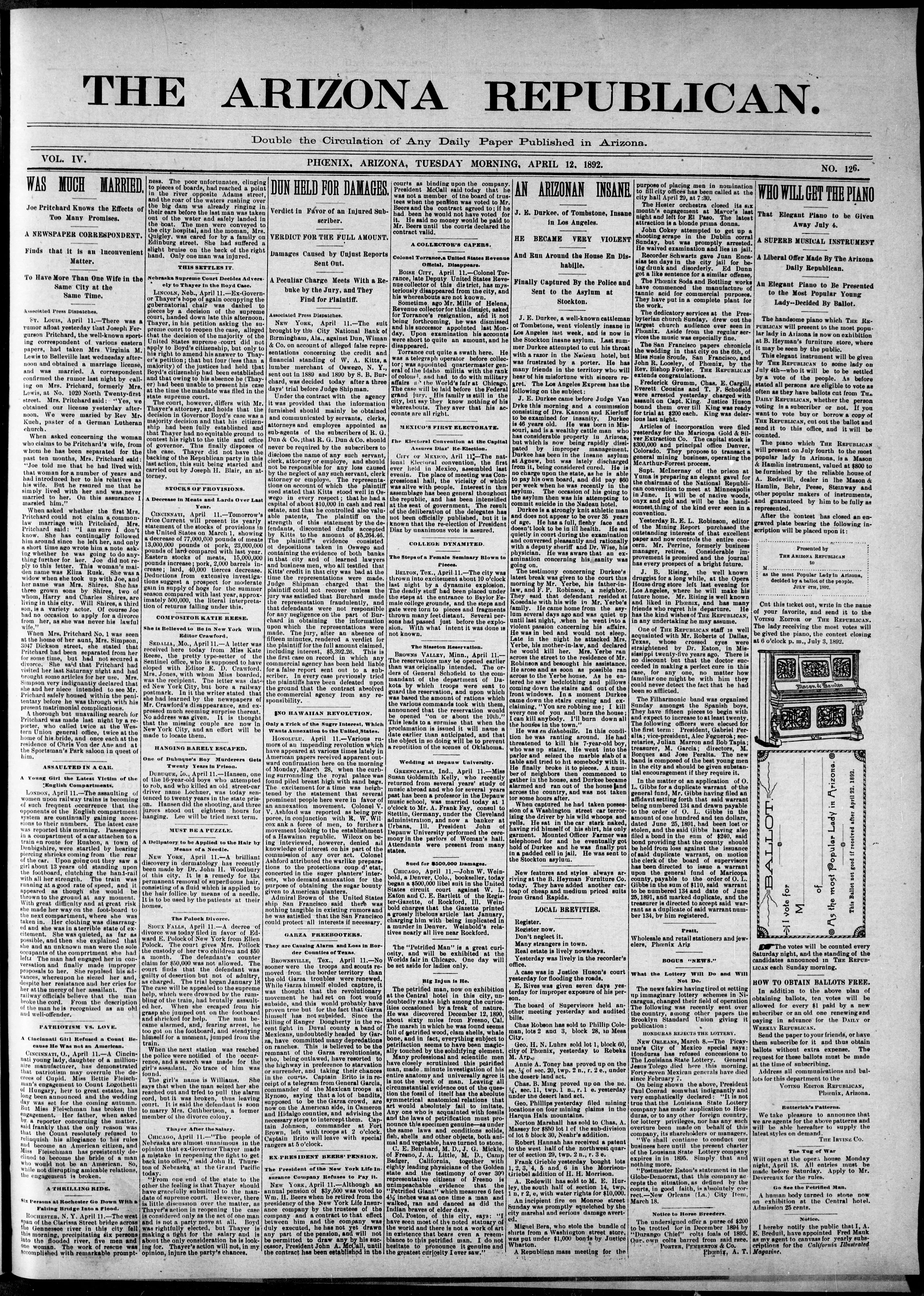 Image 1 of Arizona republican (Phoenix, Ariz.), April 12, 1892