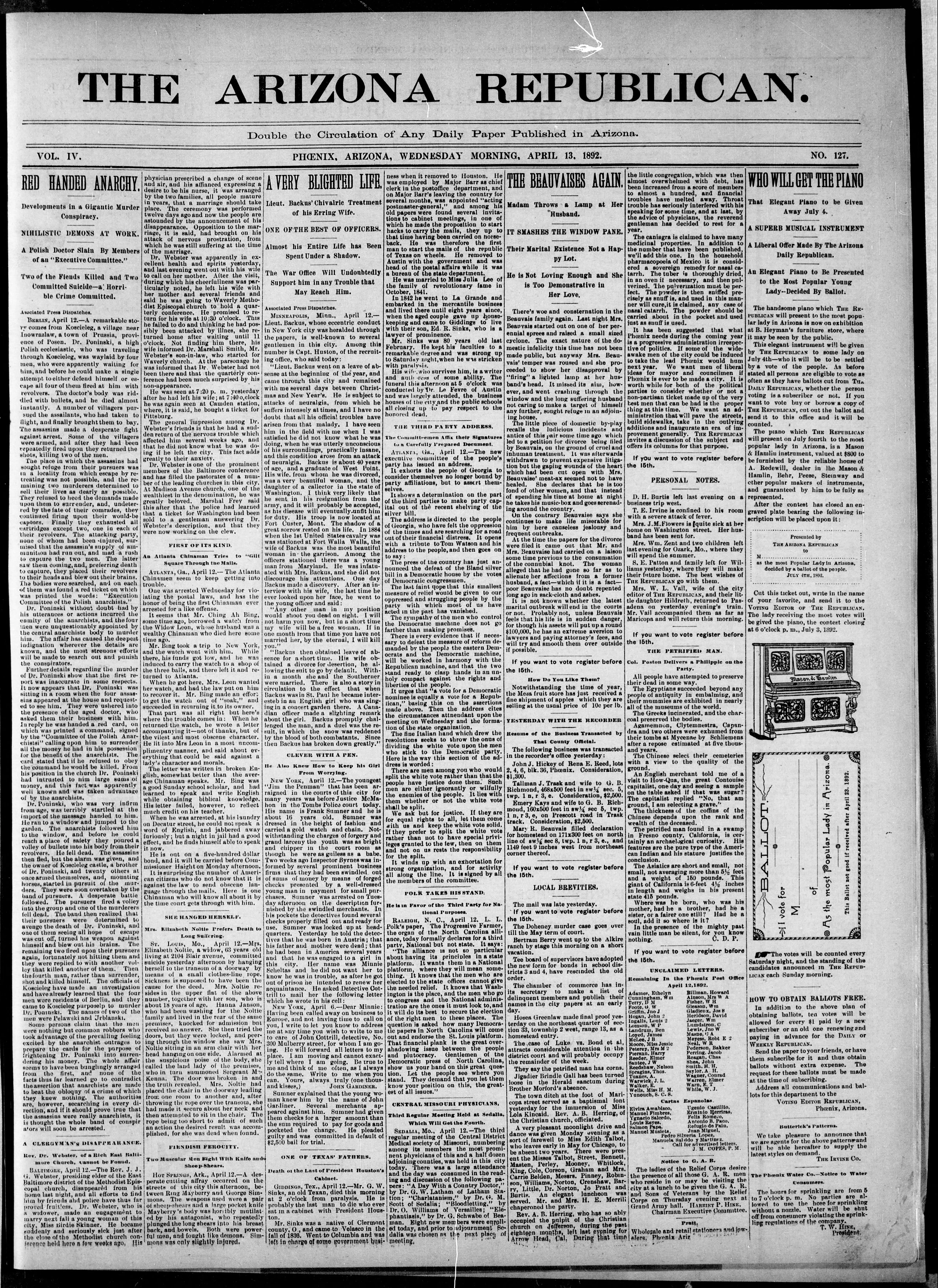 Image 1 of Arizona republican (Phoenix, Ariz.), April 13, 1892