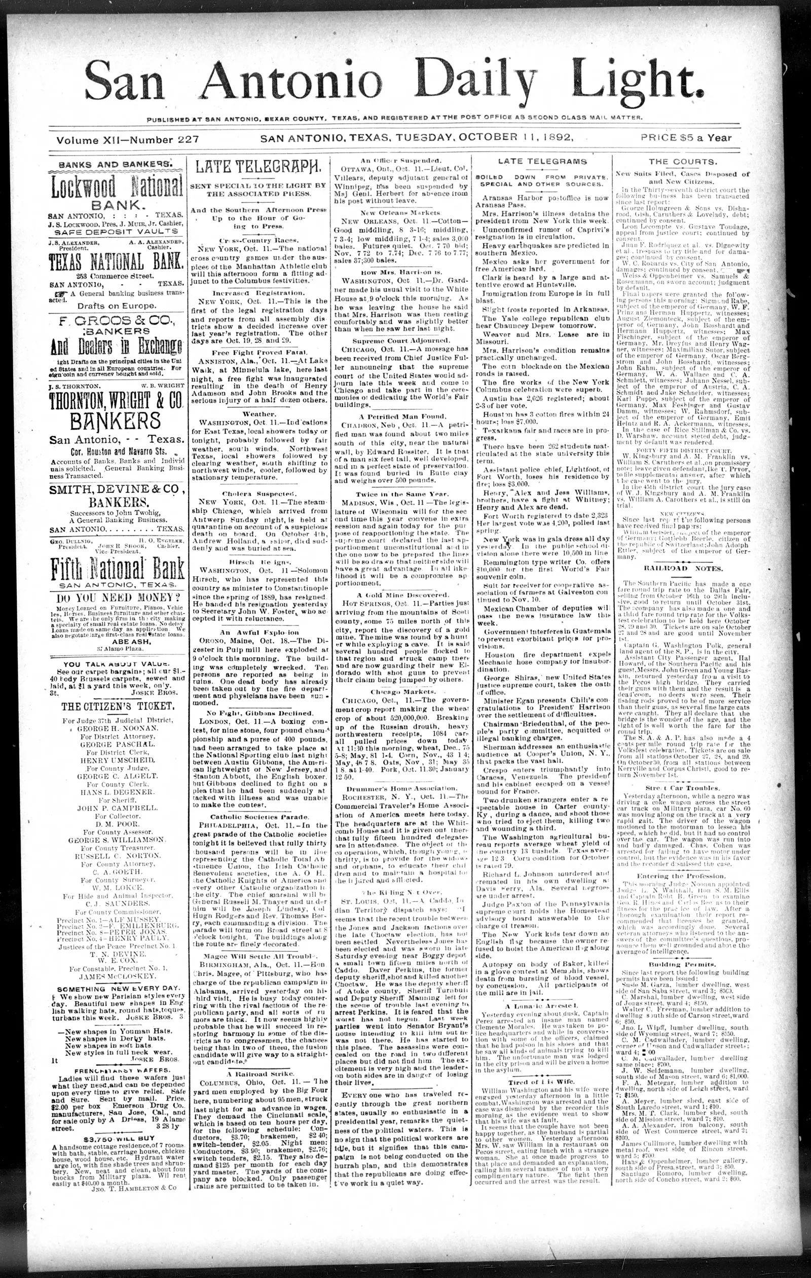 Image 1 of San Antonio daily light (San Antonio, Tex.), October 11, 1892