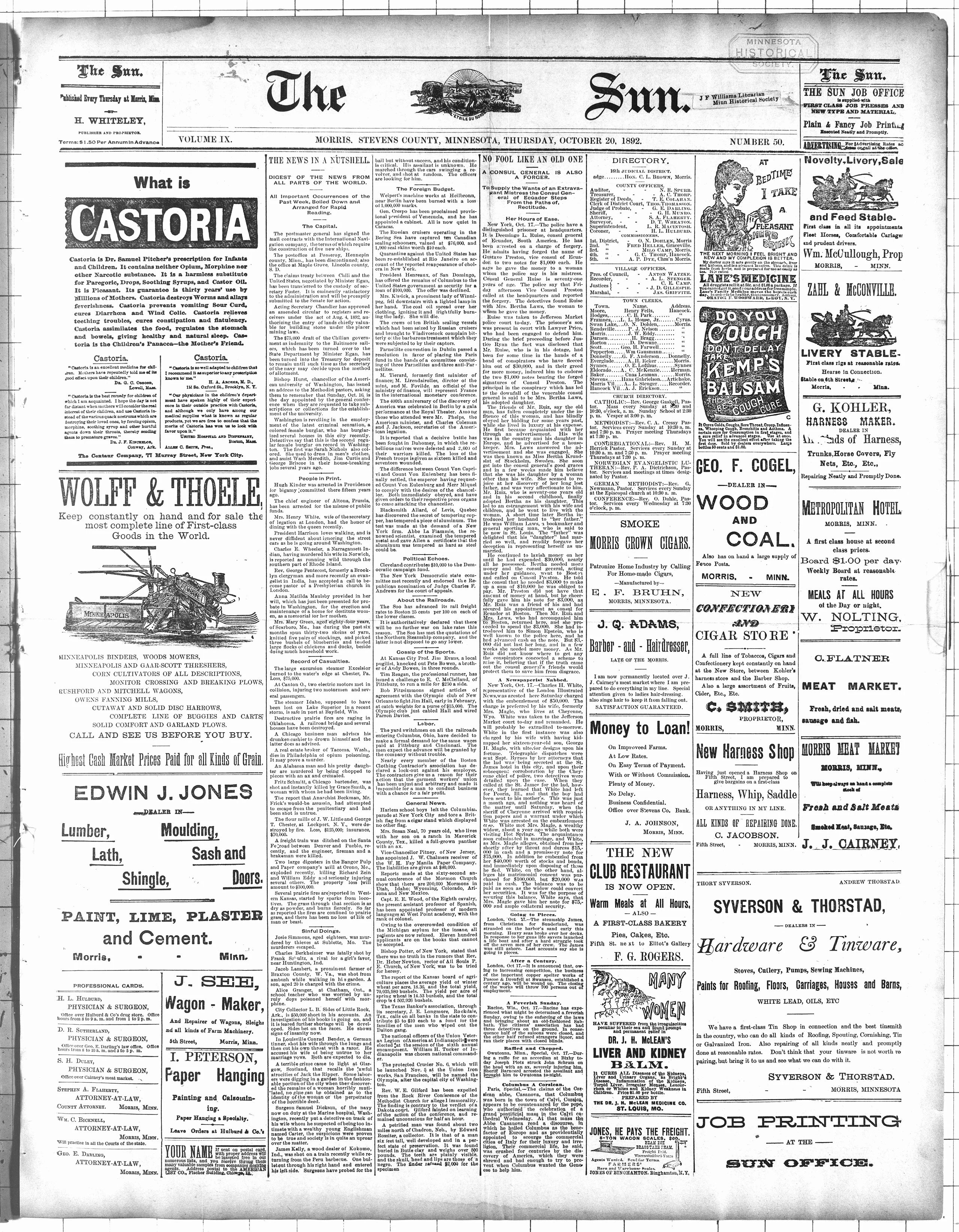 Image 1 of The sun (Morris, Stevens County, Minn.), October 20, 1892