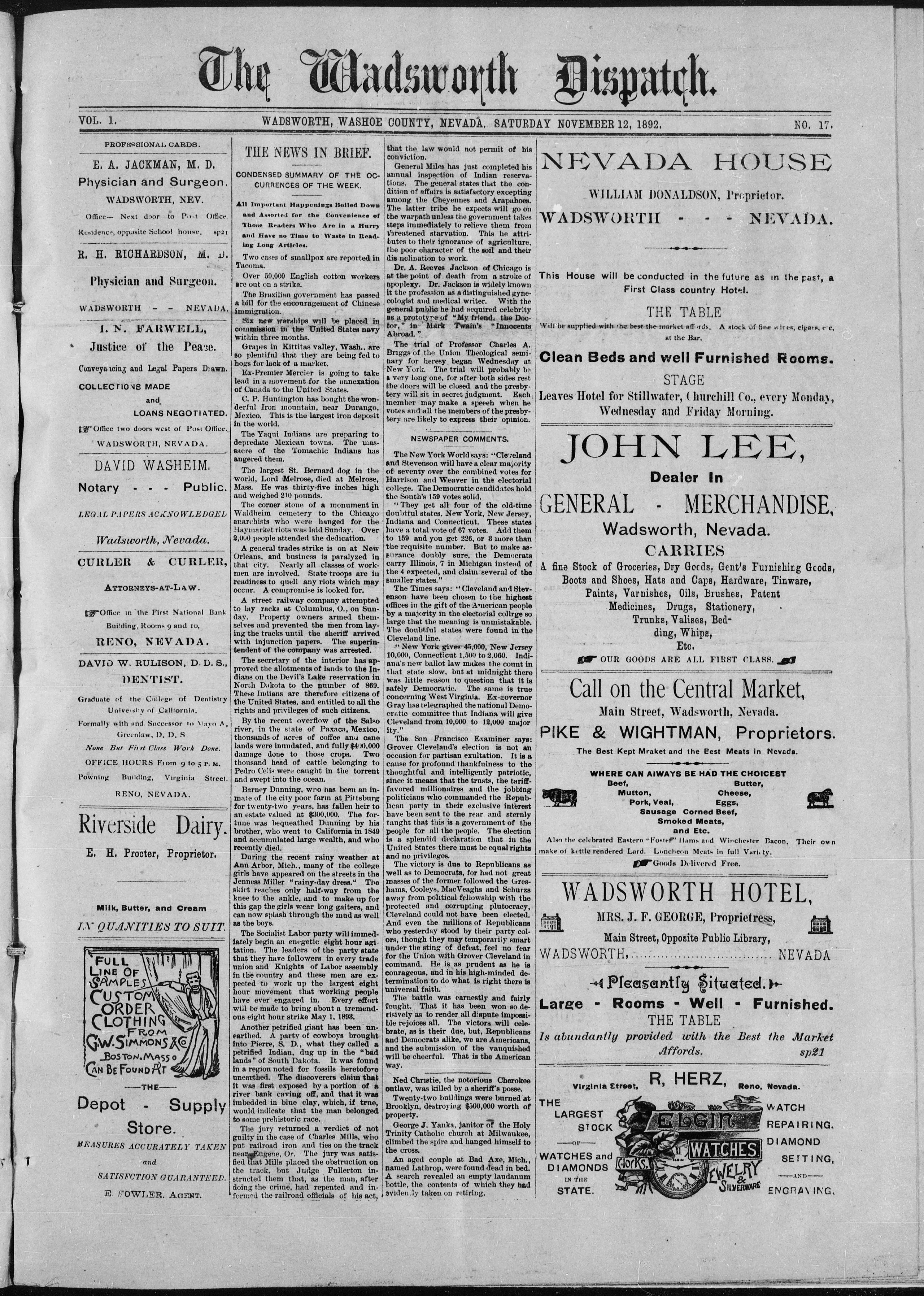 Image 1 of The Wadsworth dispatch (Wadsworth, Nev.), November 12, 1892