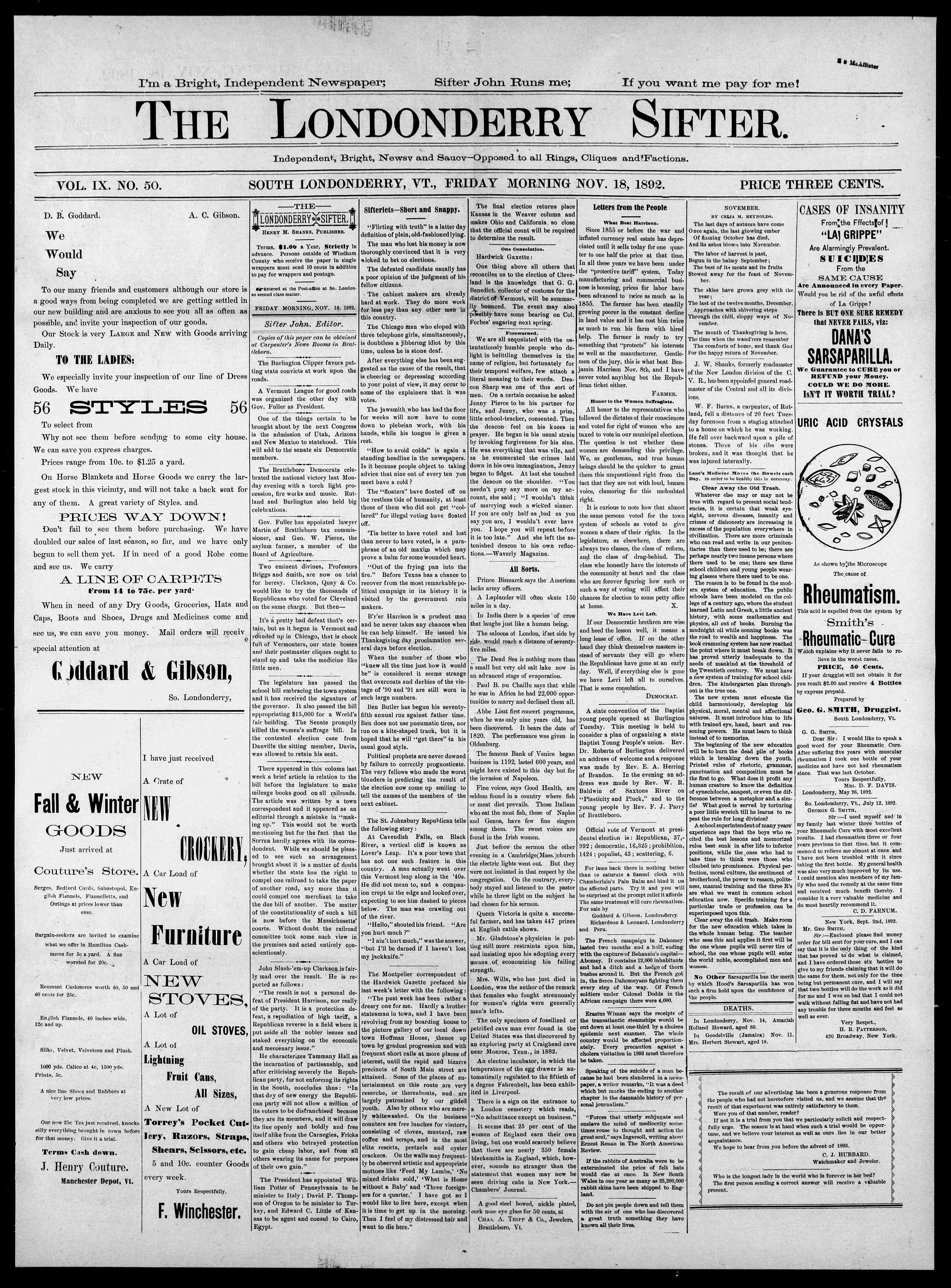 Image 1 of The Londonderry sifter (South Londonderry, Vt.), November 18, 1892