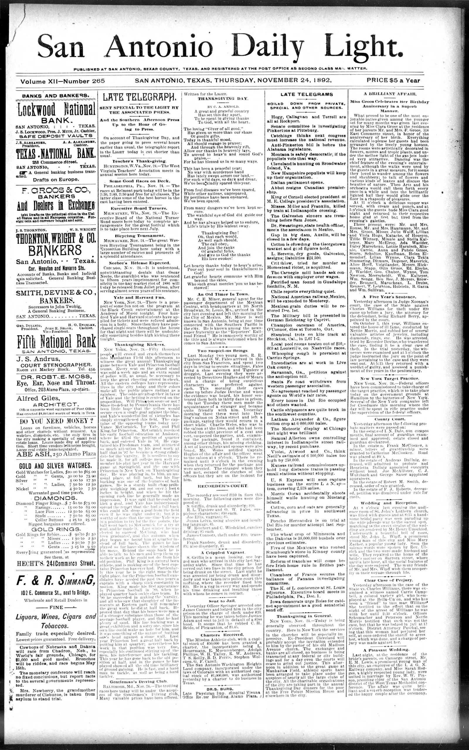 Image 1 of San Antonio daily light (San Antonio, Tex.), November 24, 1892