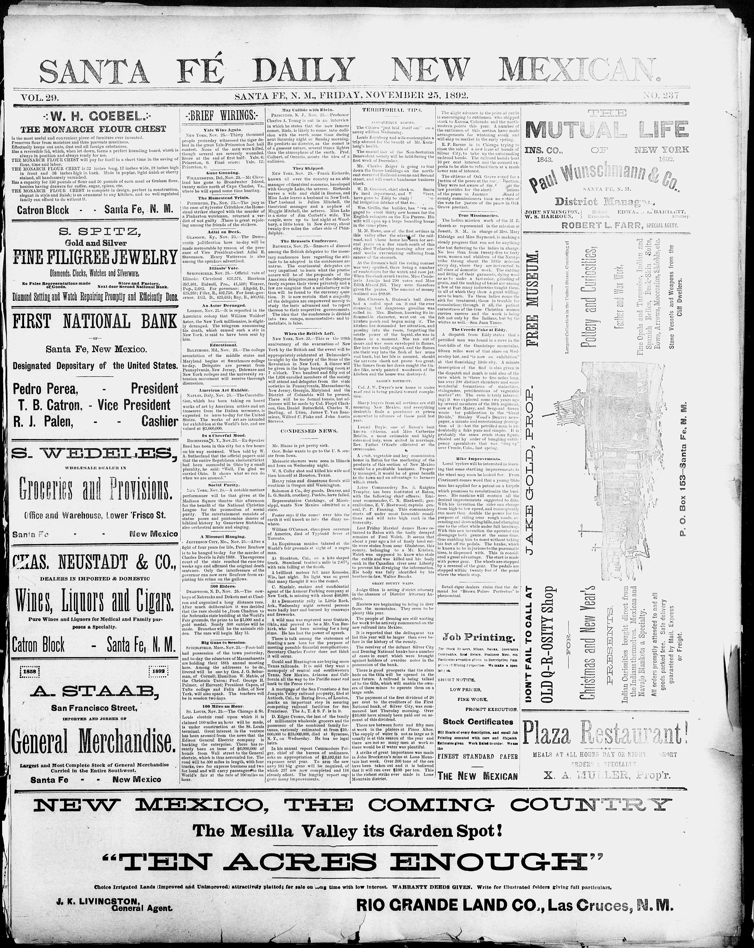 Image 1 of Santa Fe daily New Mexican (Santa Fe, N.M.), November 25, 1892