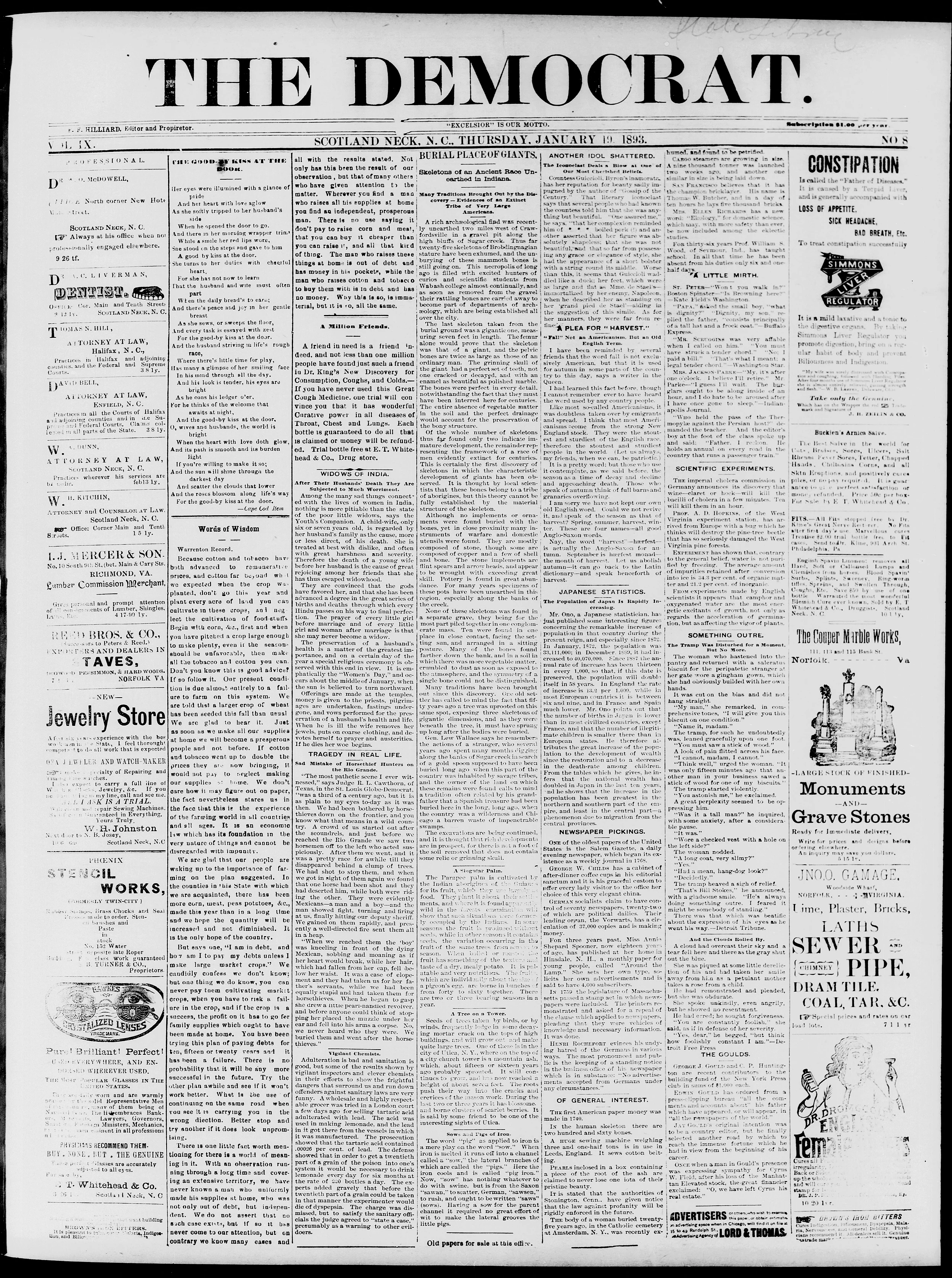 Image 1 of The Democrat (Scotland Neck, Halifax Co., N.C.), January 19, 1893