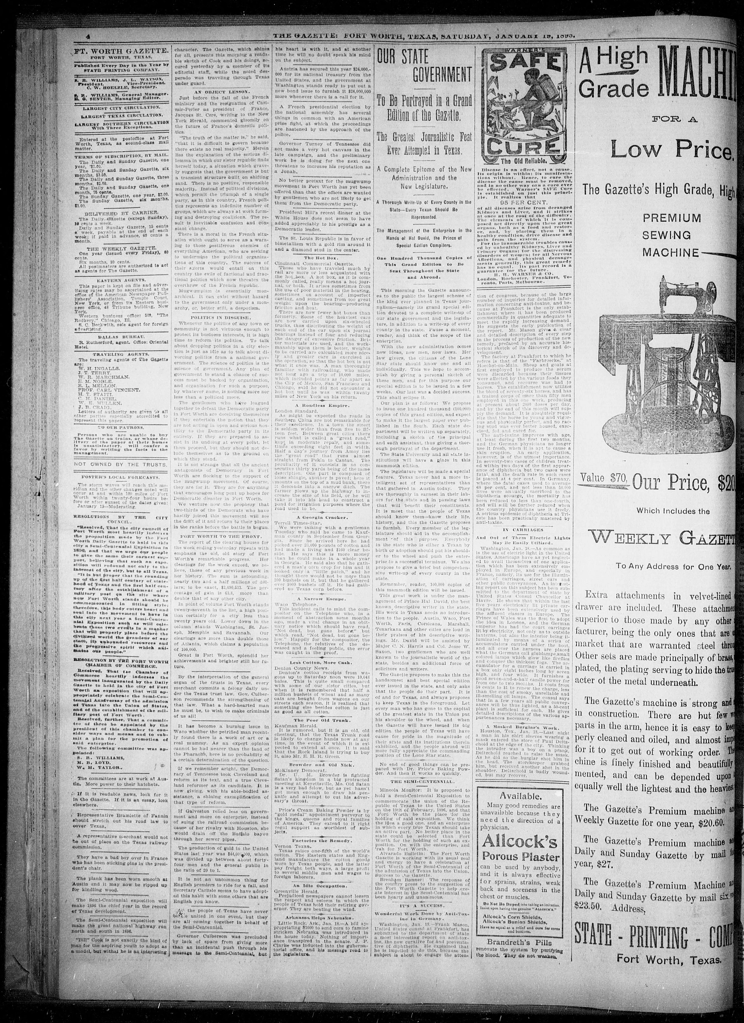 Image 4 of Fort Worth gazette (Fort Worth, Tex.), January 19, 1895, (MAILABLE EDITION.)