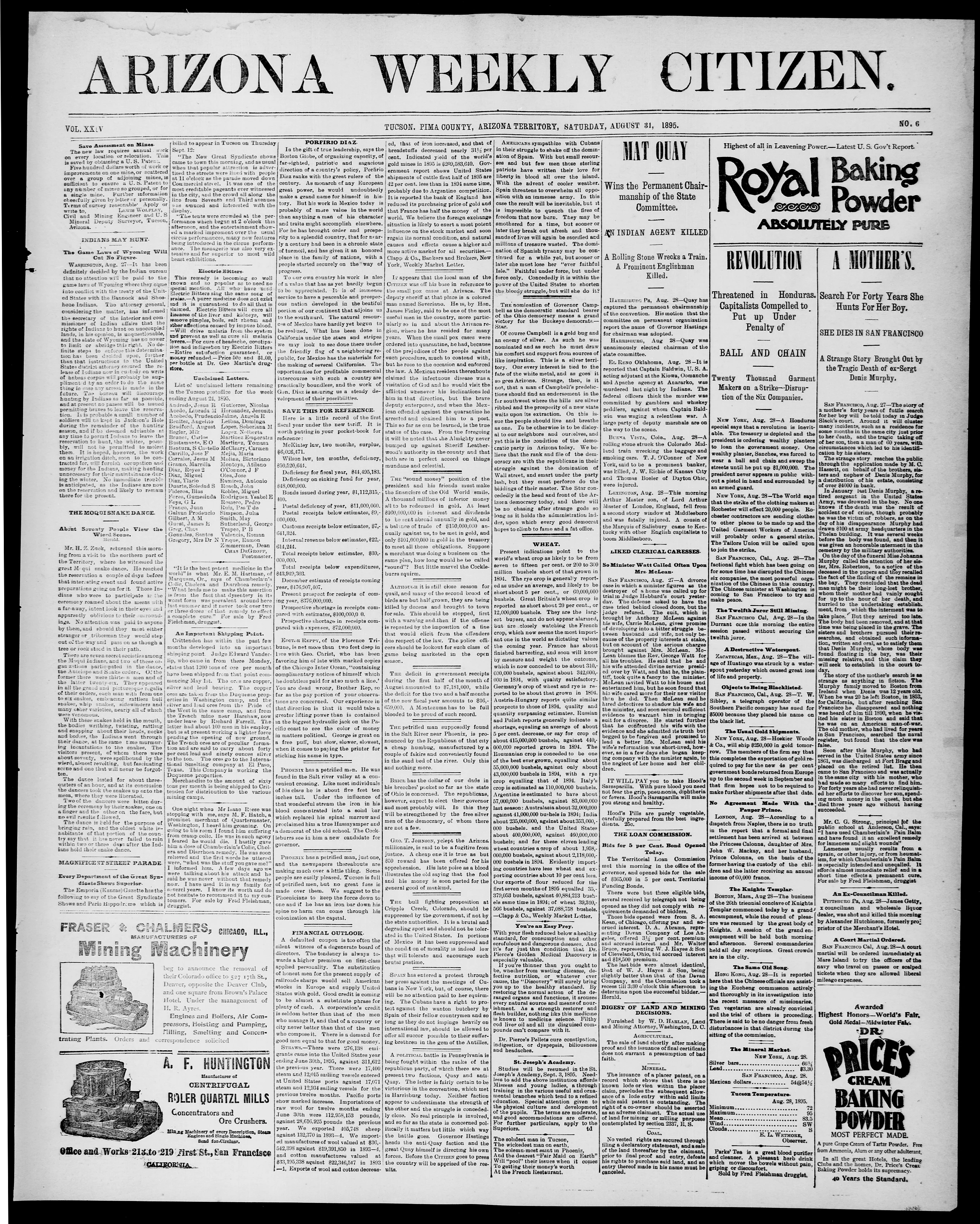 Image 1 of Arizona weekly citizen (Tucson, Ariz), August 31, 1895