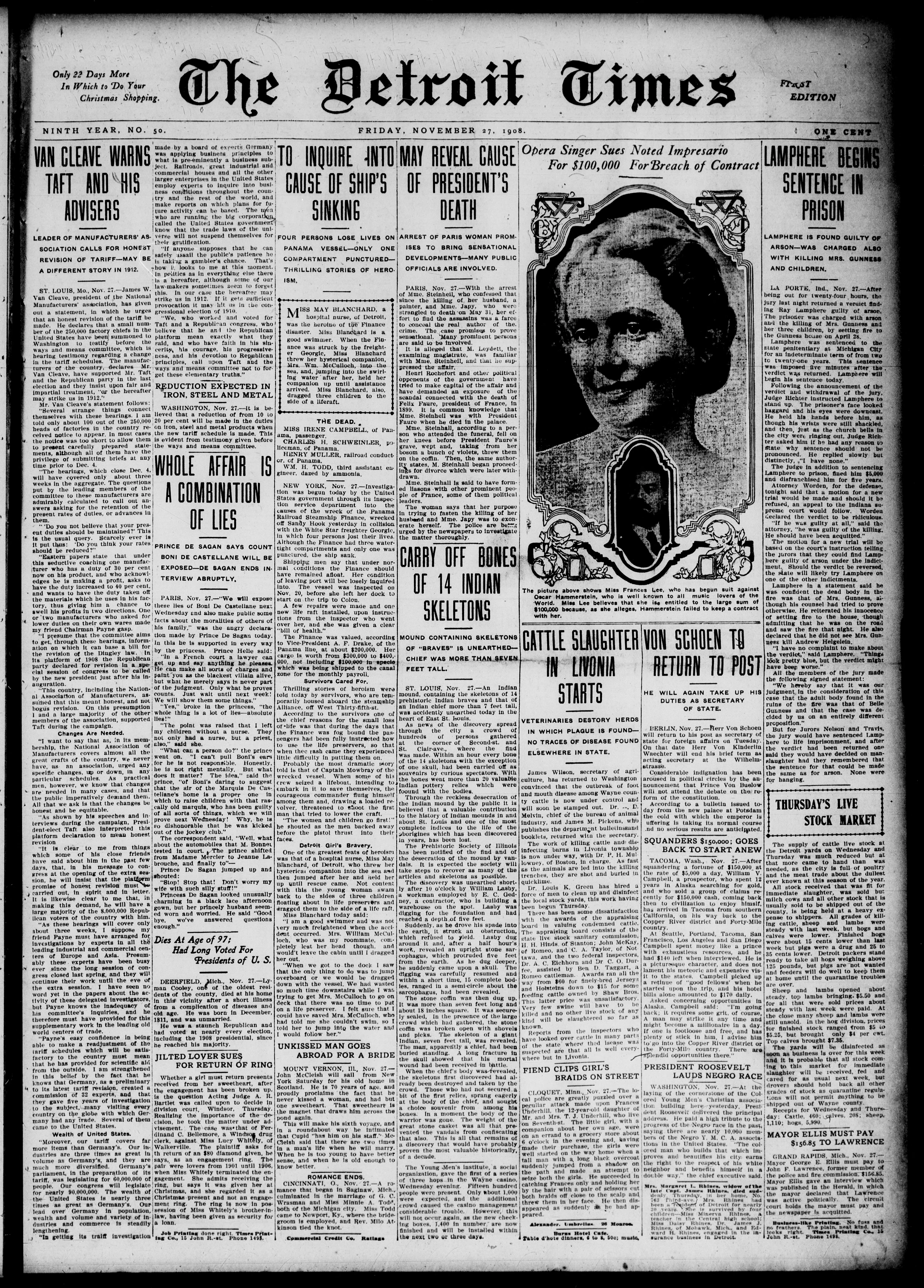 Image 1 of The Detroit times (Detroit, Mich.), November 27, 1908, (FIRST EDITION)