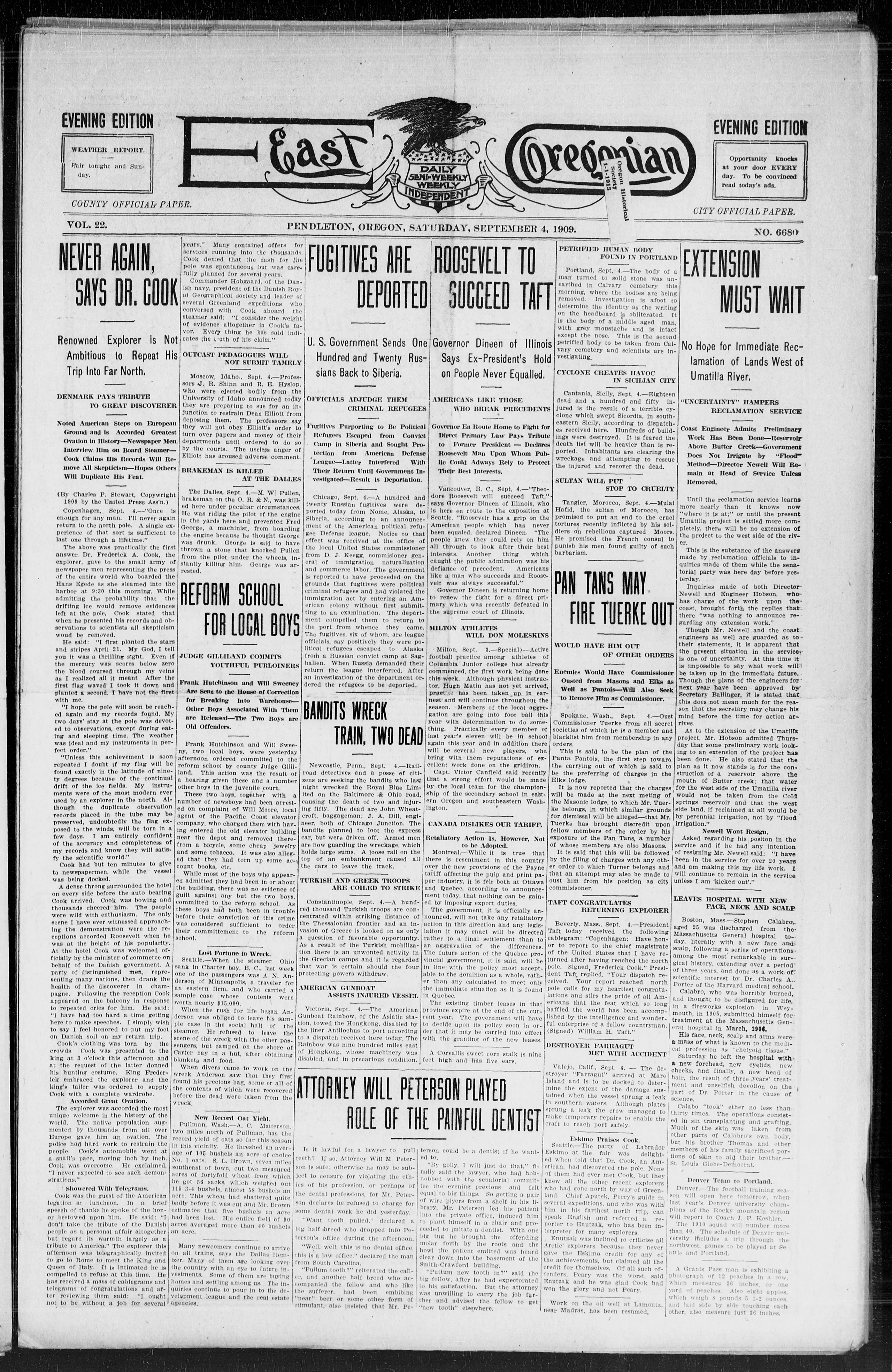 Image 1 of East Oregonian : E.O (Pendleton, Umatilla Co., Or.;Pendleton, OR), September 4, 1909, (EVENING EDITION)