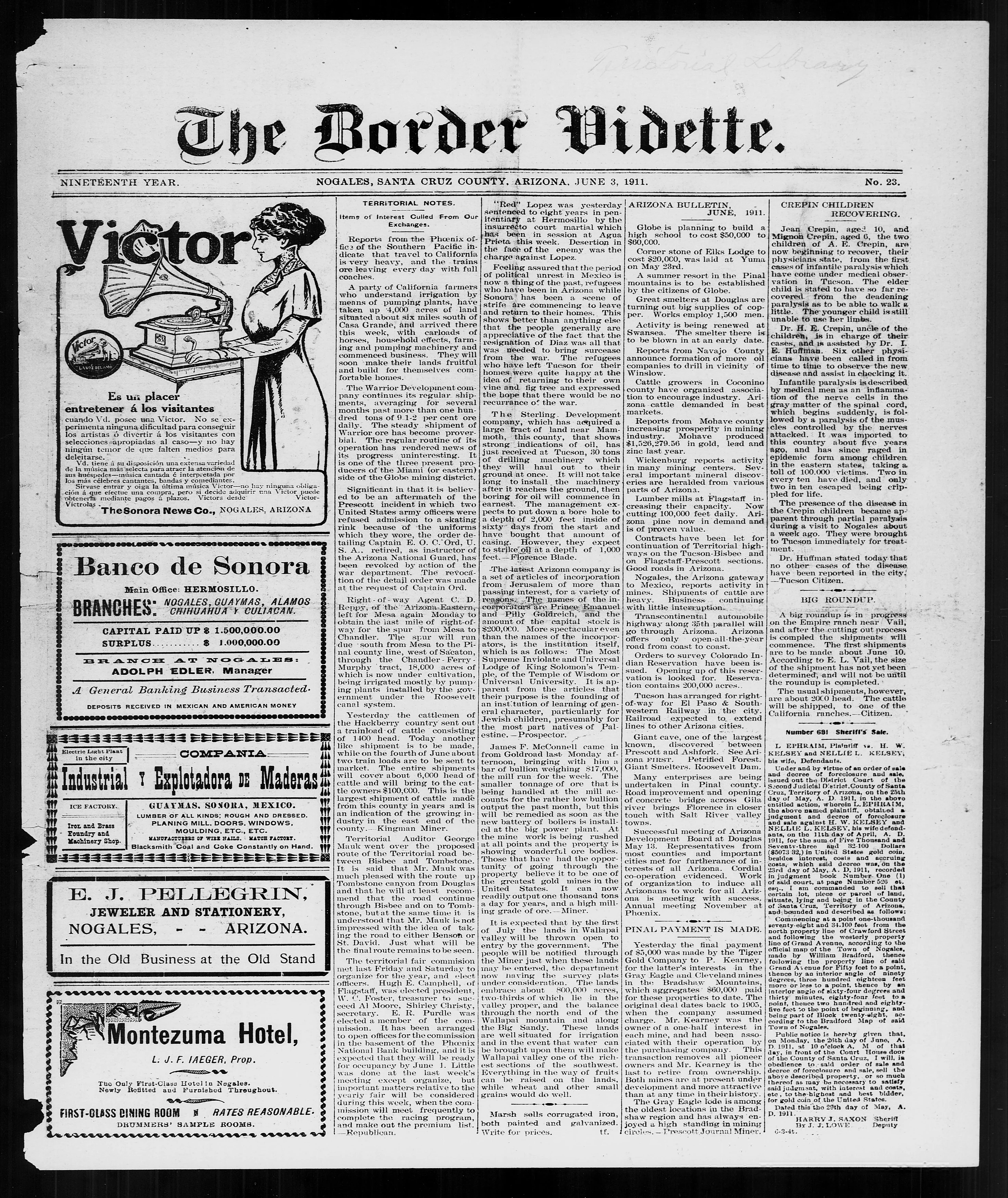 Image 1 of The border vidette (Nogales, Ariz.), June 3, 1911