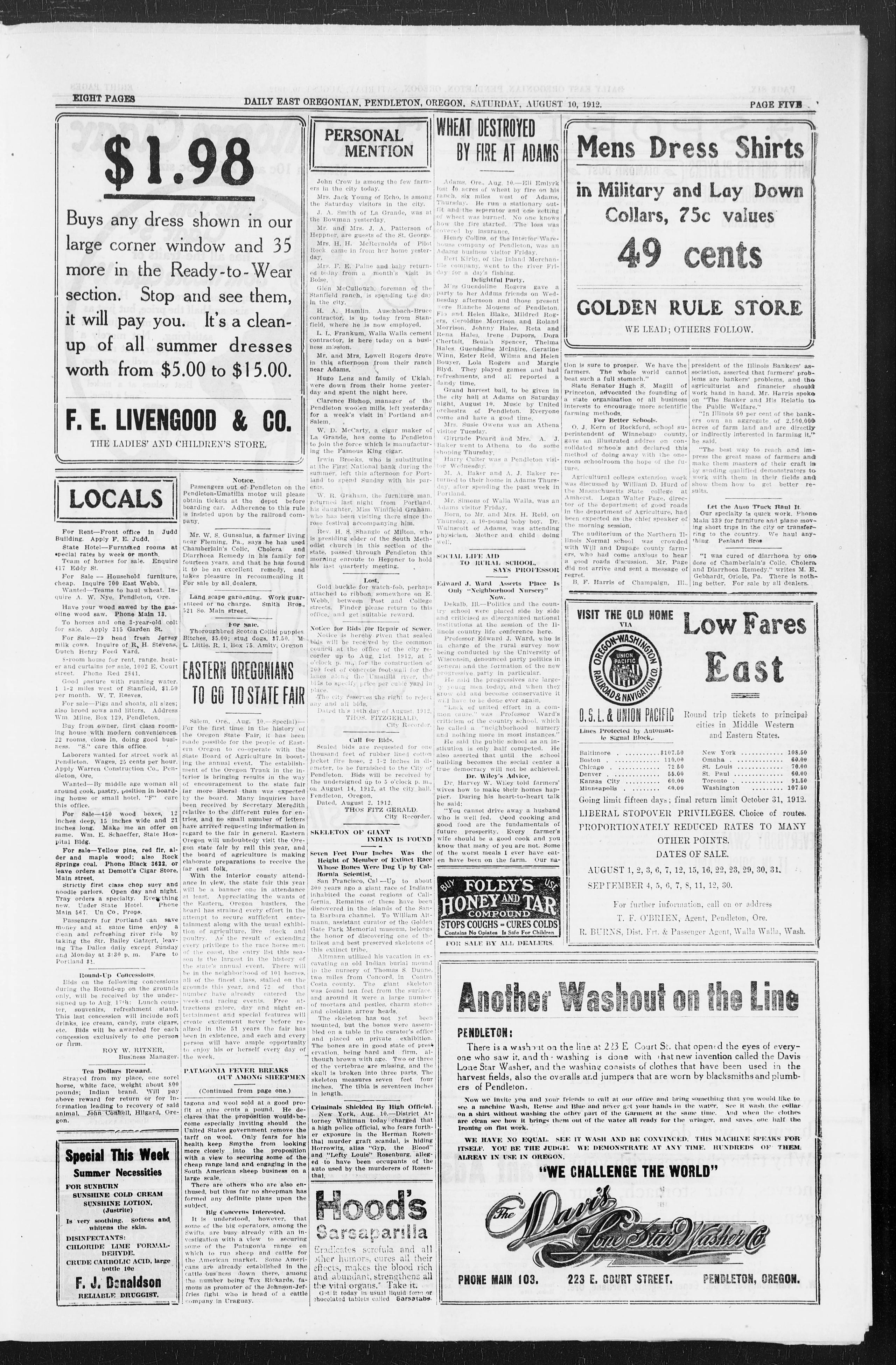 Image 5 of East Oregonian : E.O (Pendleton, Umatilla Co., Or.;Pendleton, OR), August 10, 1912, (EVENING EDITION)