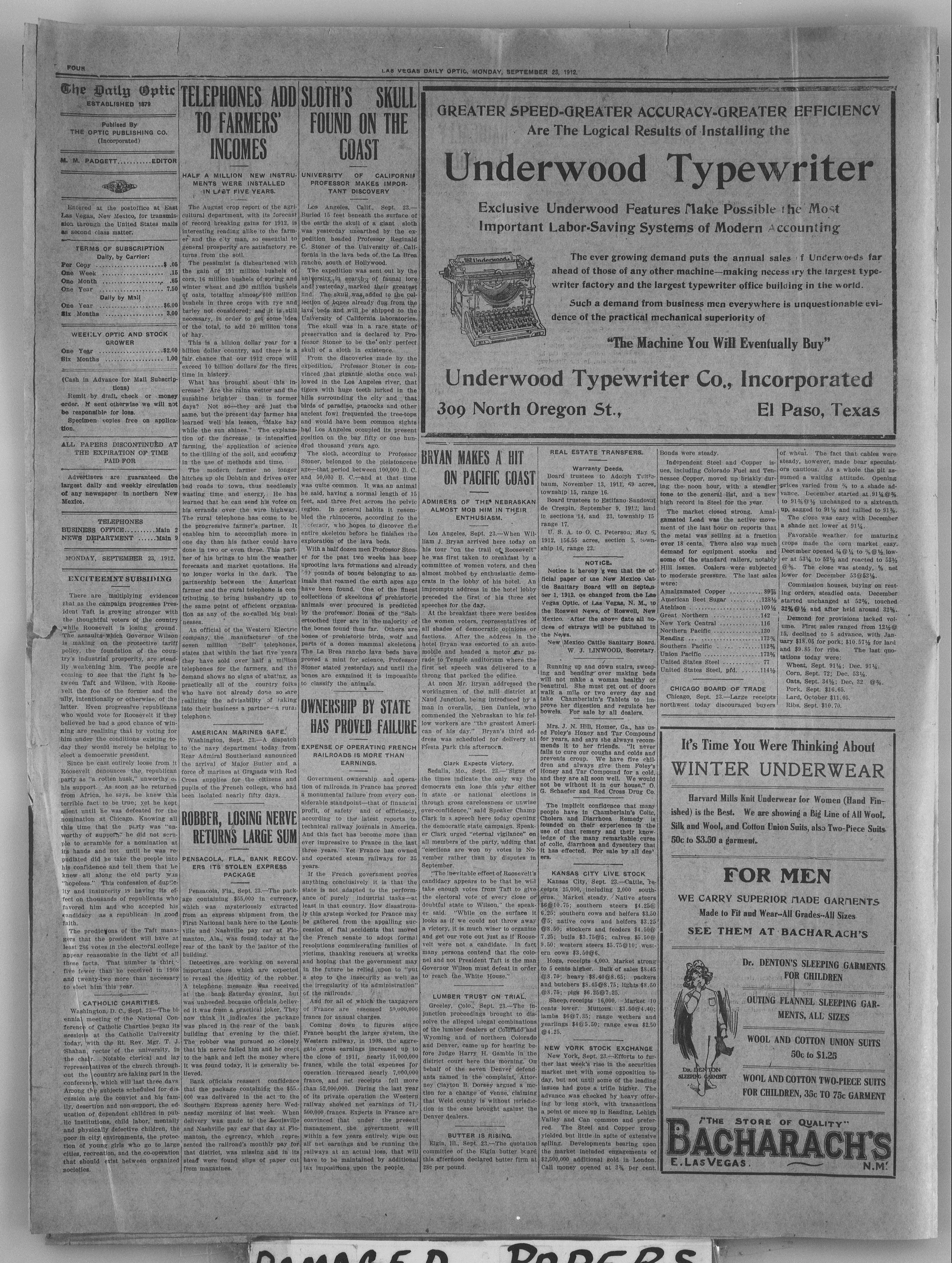 Image 4 of Las Vegas optic (East Las Vegas, N.M.), September 23, 1912, (CITY EDITION)